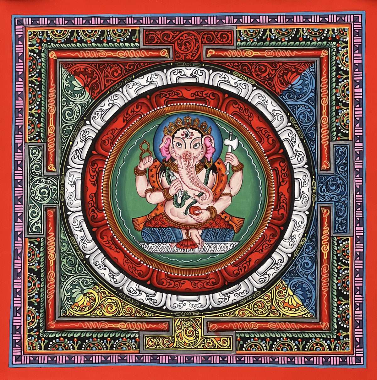 Hand-Painted Ganesha Thangka, ShriYantra Mandala Art