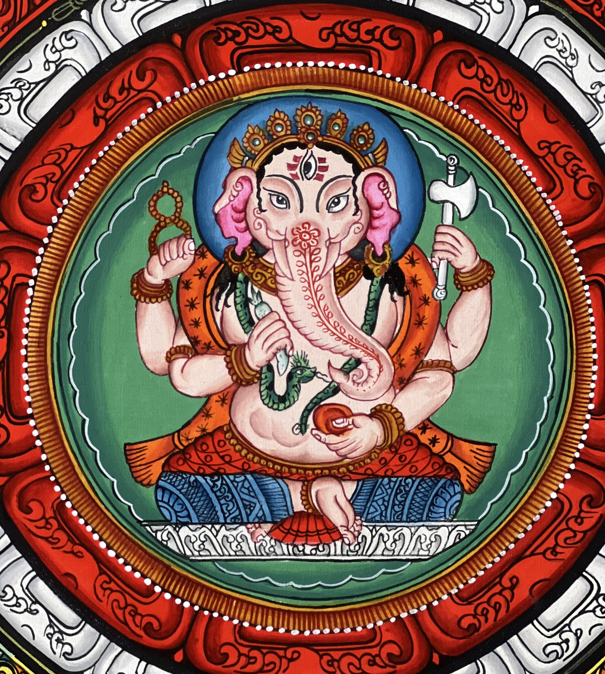 Hand-Painted Ganesha Thangka, ShriYantra Mandala Art
