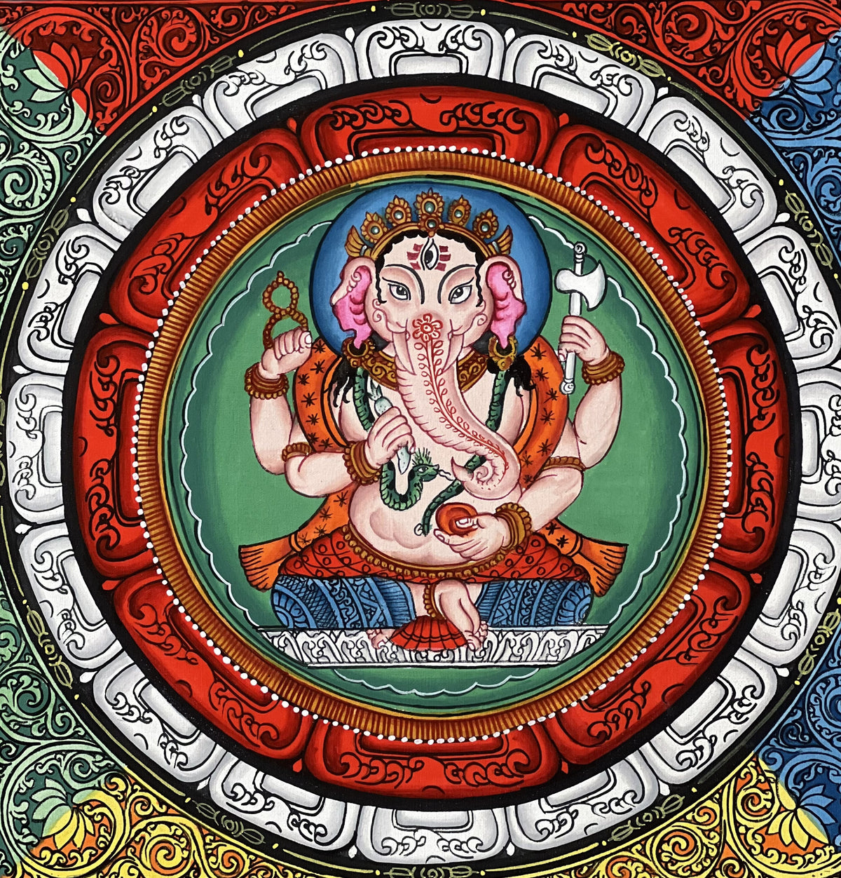 Hand-Painted Ganesha Thangka, ShriYantra Mandala Art