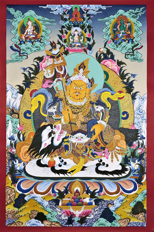 Hand-Painted Yellow Dzambhala Thangka Painting, Tibetan God of Wealth