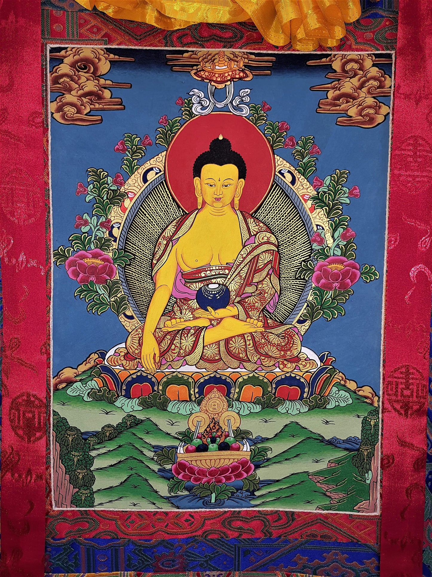 Original Hand-Painted Shakyamuni Buddha Thangka | Gautama Buddha | Tibetan Buddhist Art with Silk Brocade