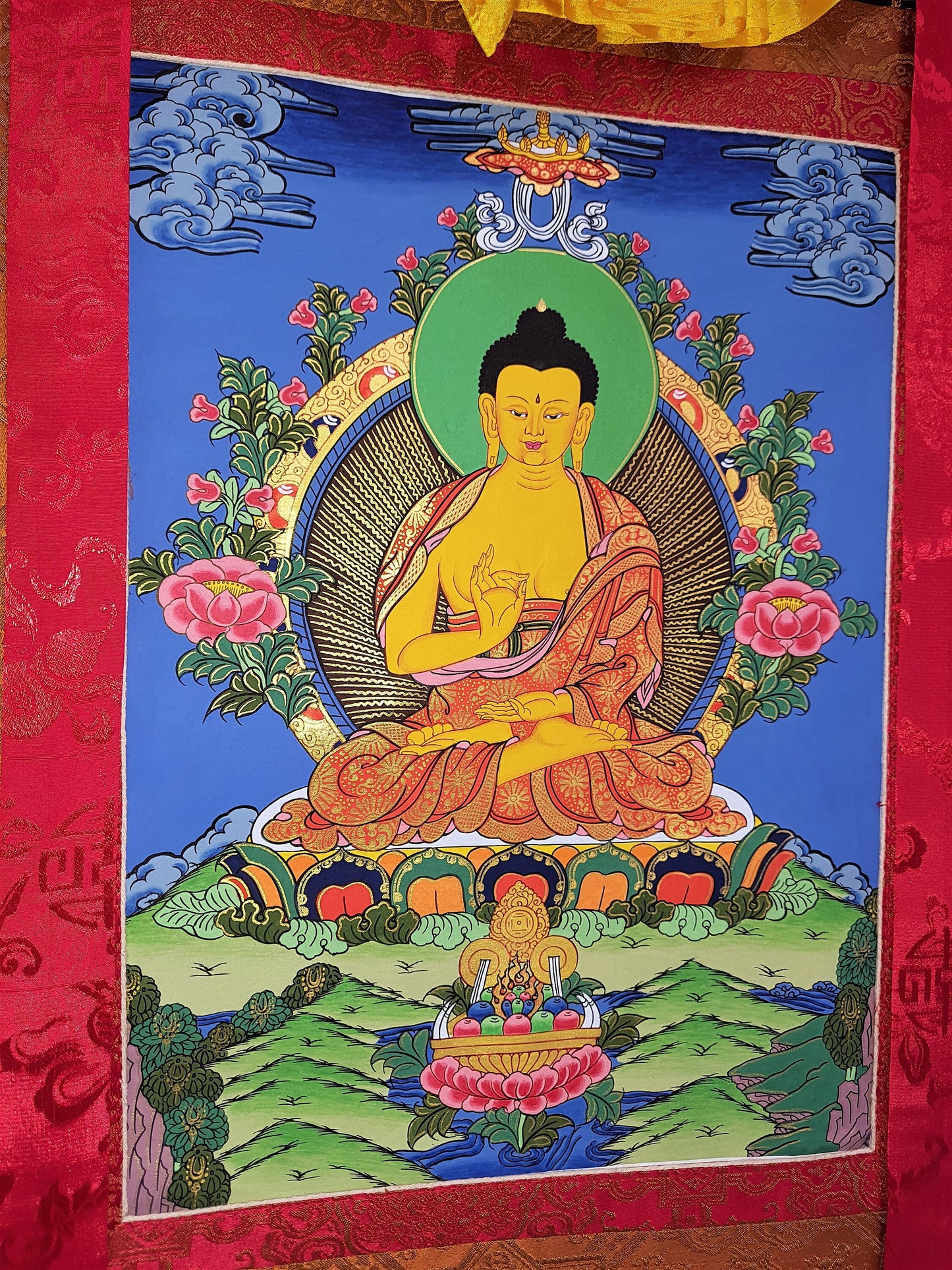 Amoghasiddhi Buddha Thangka Painting, Original Tibetan Silk Framed Art