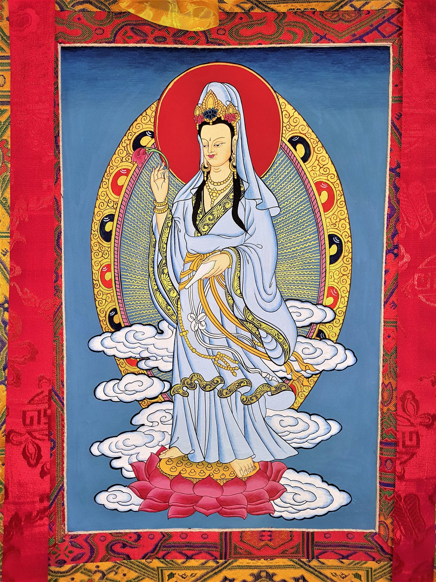 Hand-painted Guan Yin Thangka Painting with Silk Brocade