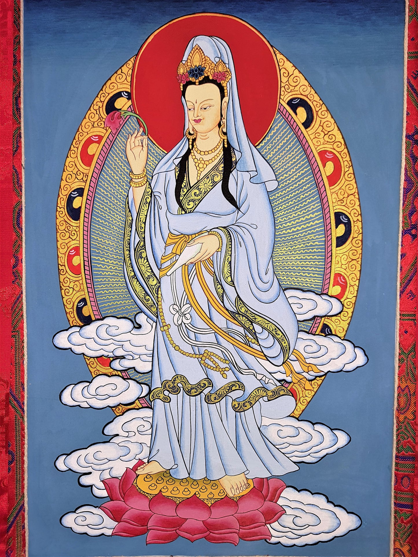 Hand-painted Guan Yin Thangka Painting with Silk Brocade