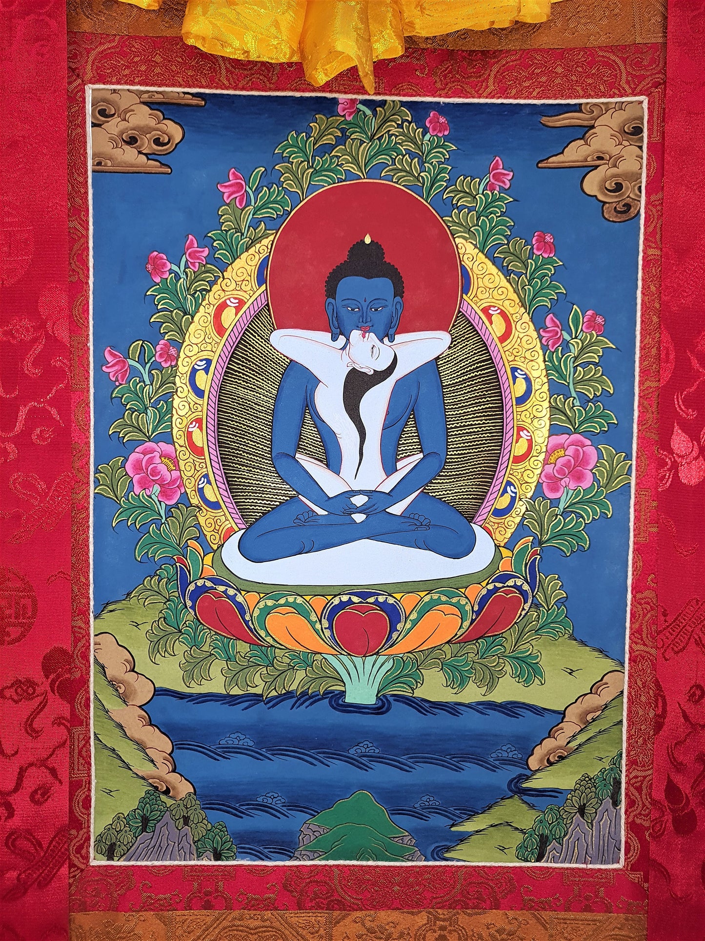 Hand-Painted Samantabhadra Thangka – Silk Framed Tibetan Wall Hanging