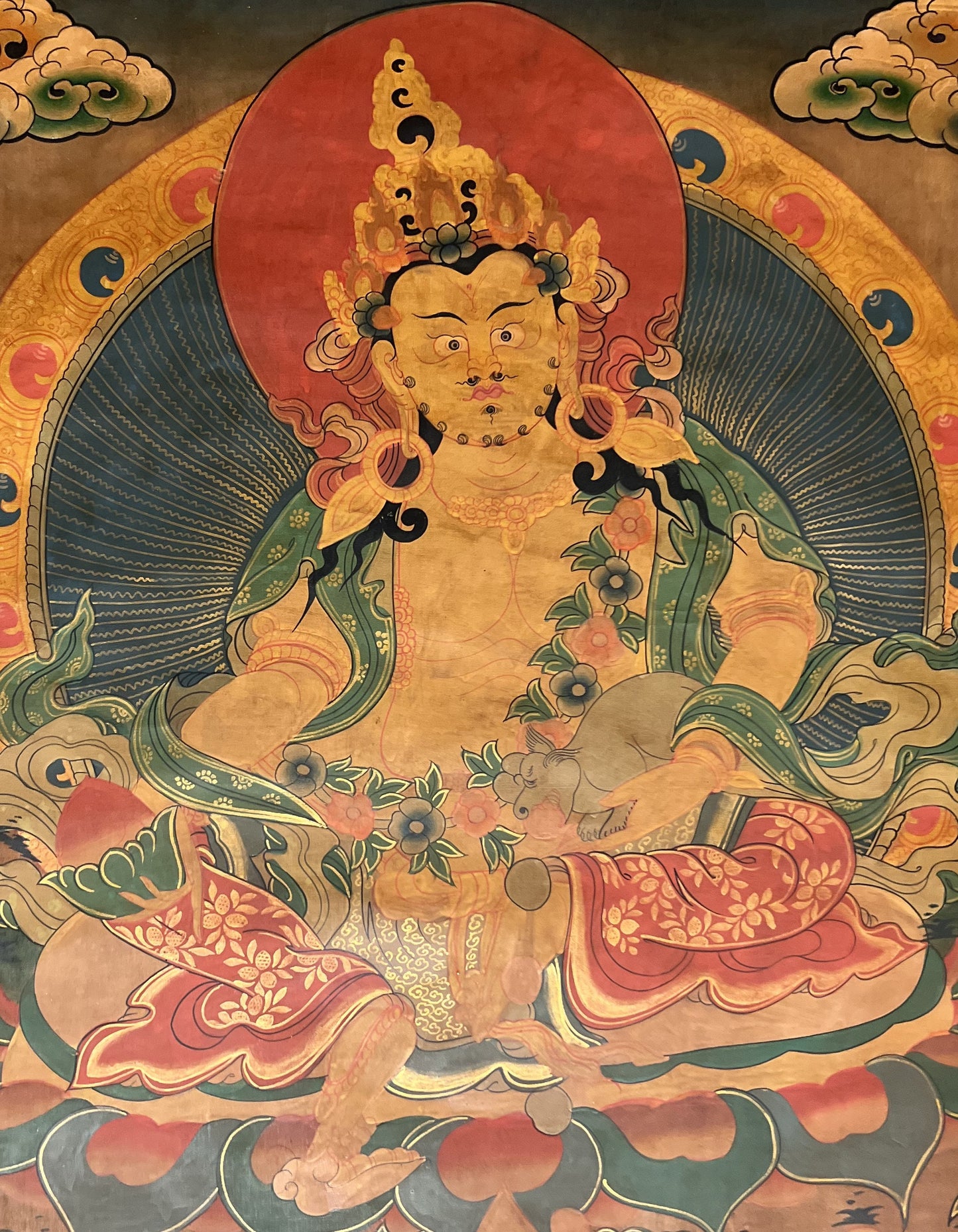 Hand-Painted Kubera Thangka, Tibetan God of Wealth Painting, OIL- VARNISHED