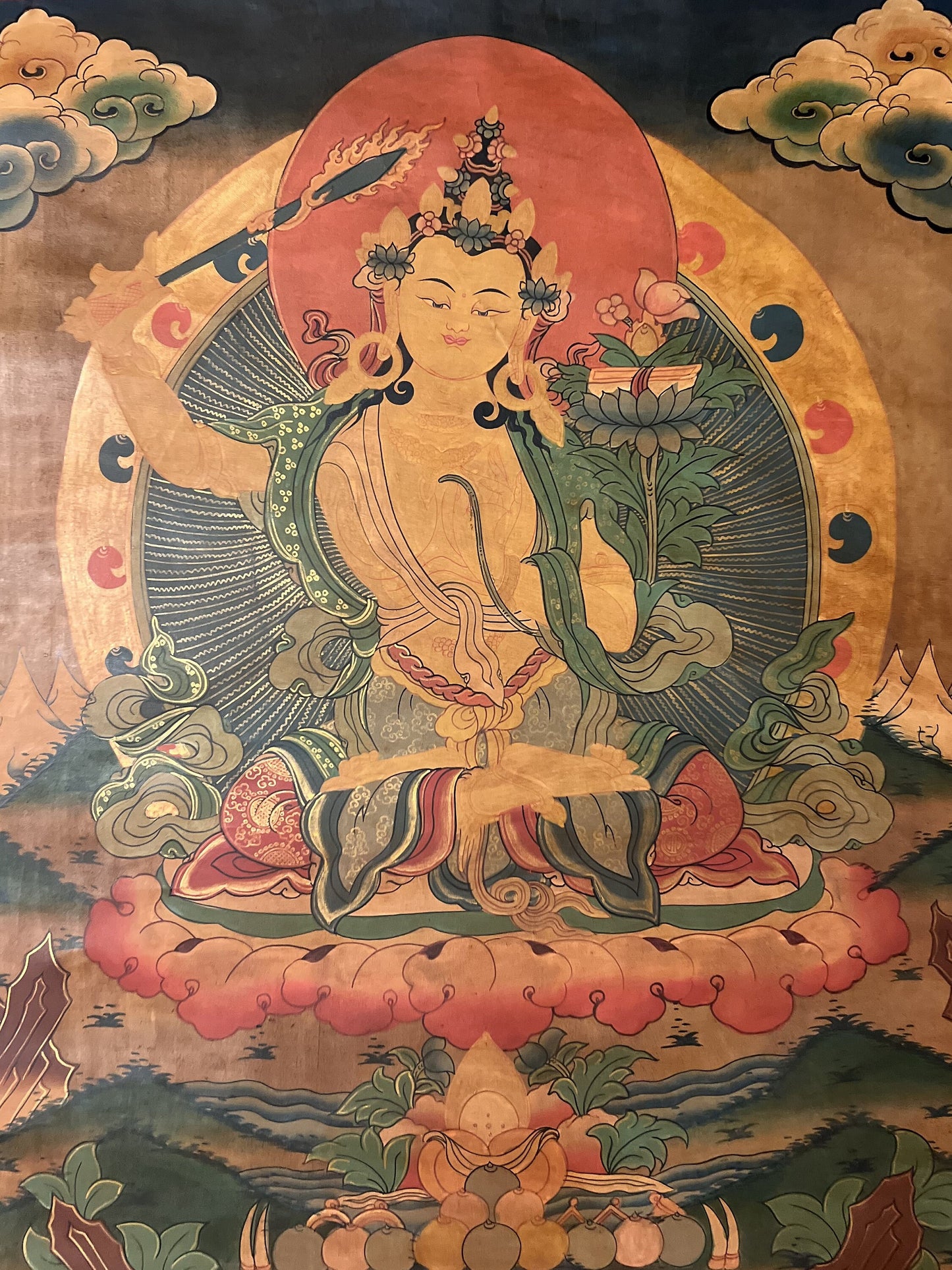 Hand-Painted Manjushri Thangka – God of Wisdom, Oil-Varnished