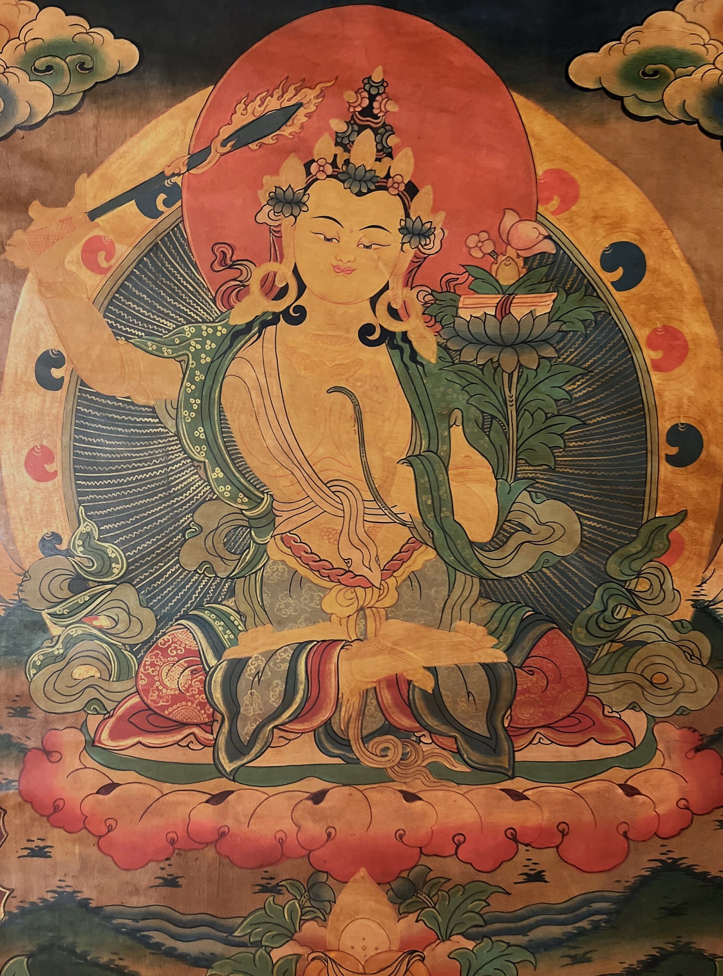 Hand-Painted Manjushri Thangka – God of Wisdom, Oil-Varnished