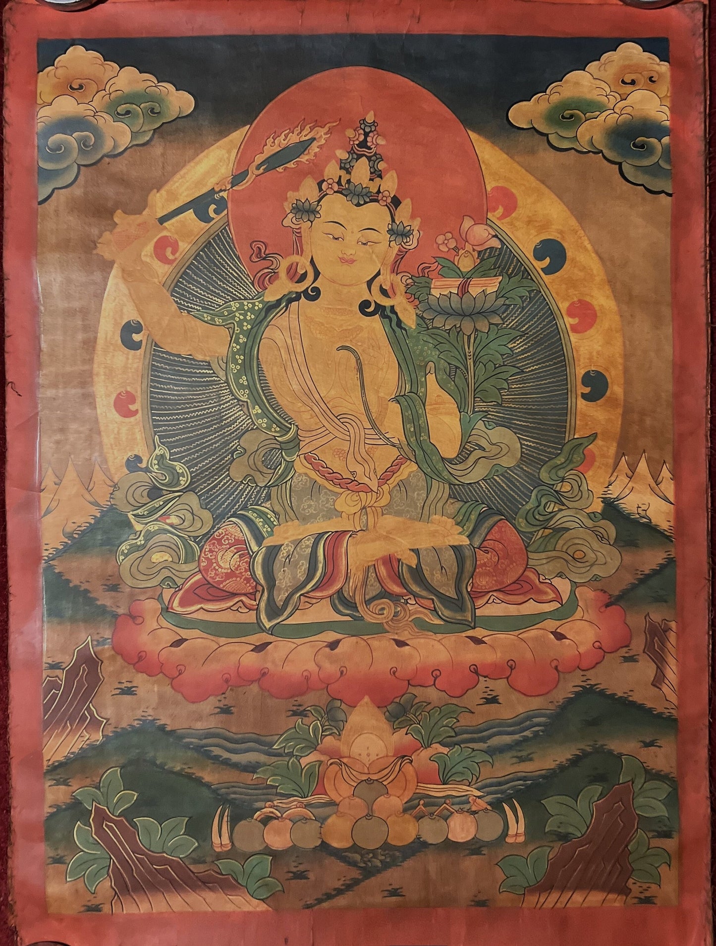 Hand-Painted Manjushri Thangka – God of Wisdom, Oil-Varnished