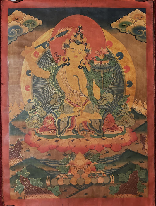 Hand-Painted Manjushri Thangka – God of Wisdom, Oil-Varnished