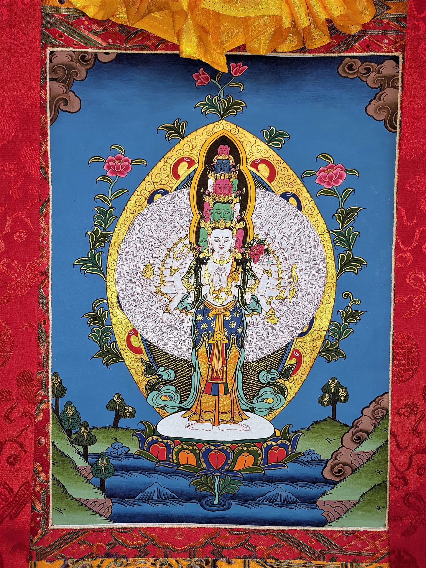 Hand-Painted Sahastrabhuja Avalokiteshvara Thangka, Silk Framed