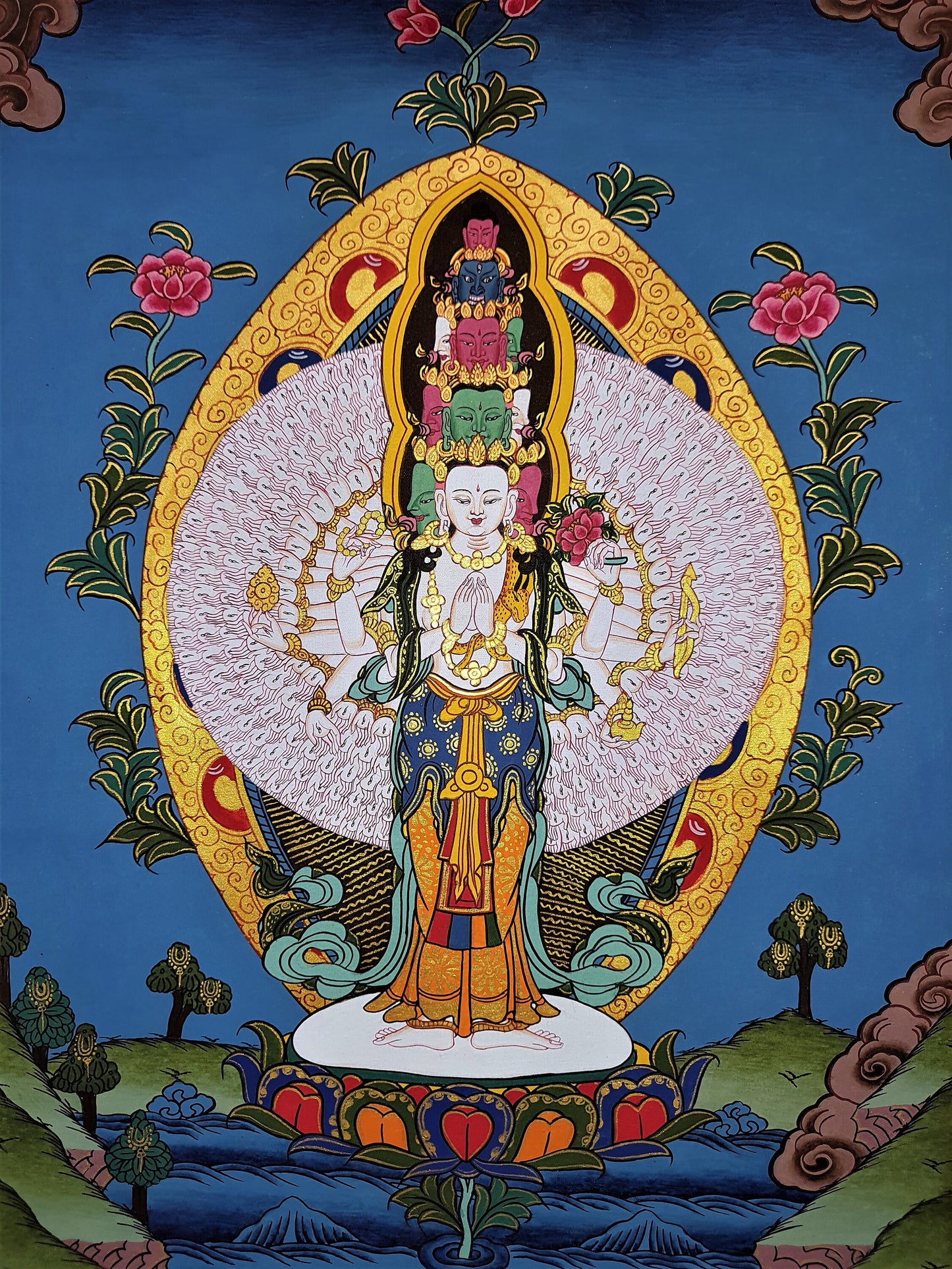 Hand-Painted Sahastrabhuja Avalokiteshvara Thangka, Silk Framed