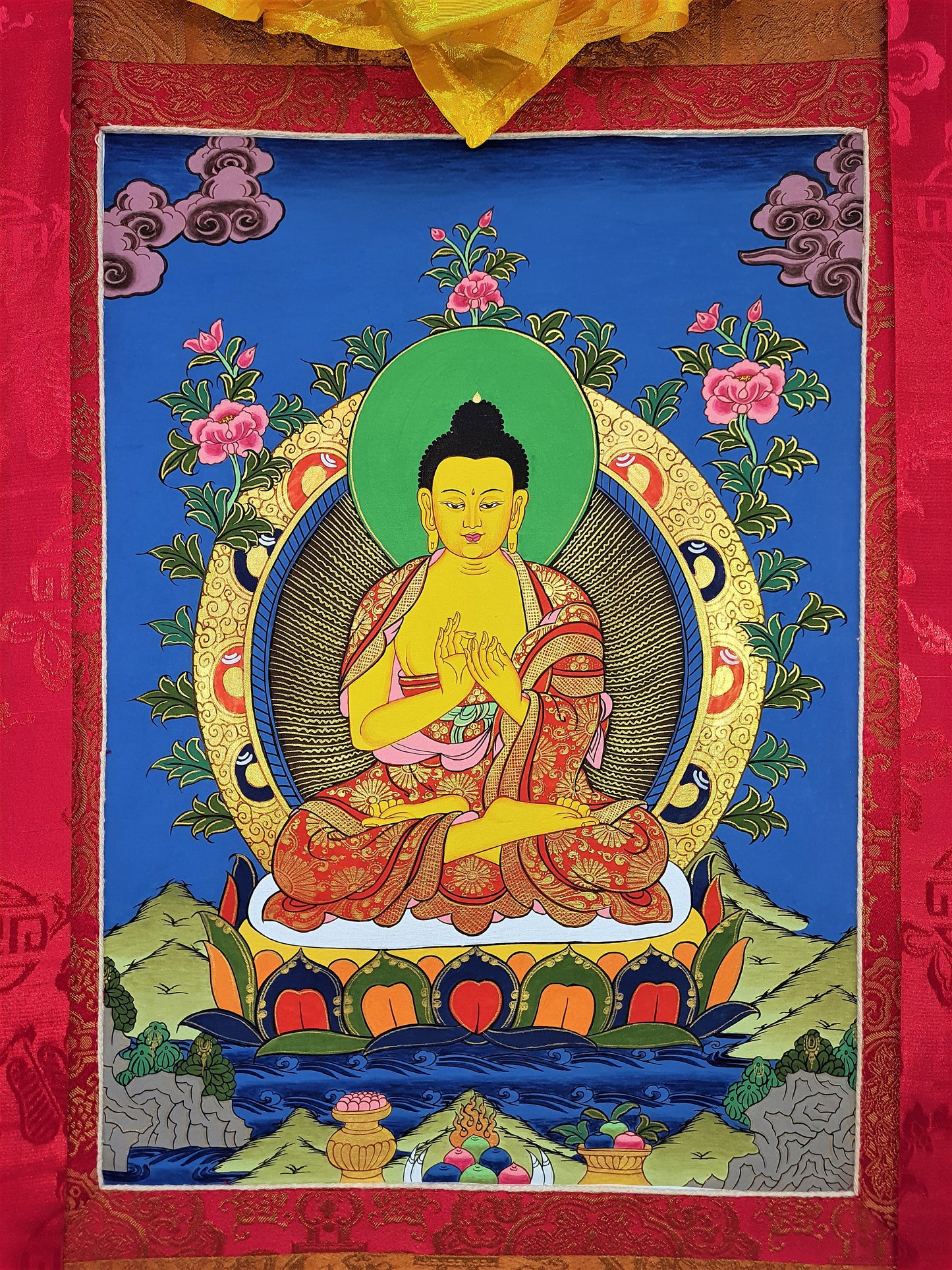 Hand-Painted Vairochana Thangka Painting with Silk Frame
