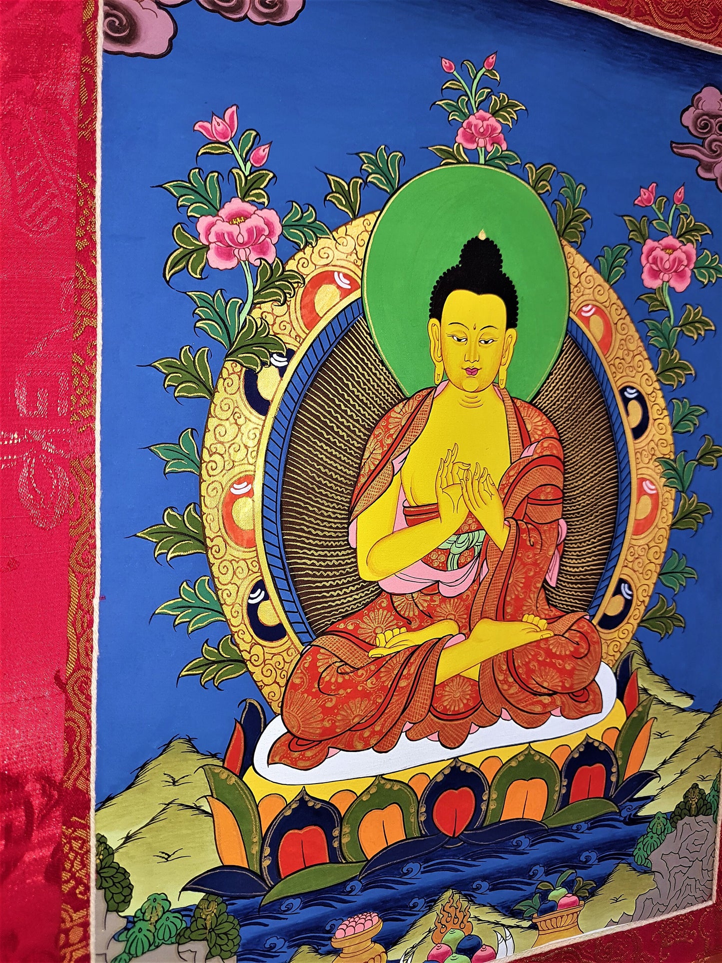 Hand-Painted Vairochana Thangka Painting with Silk Frame