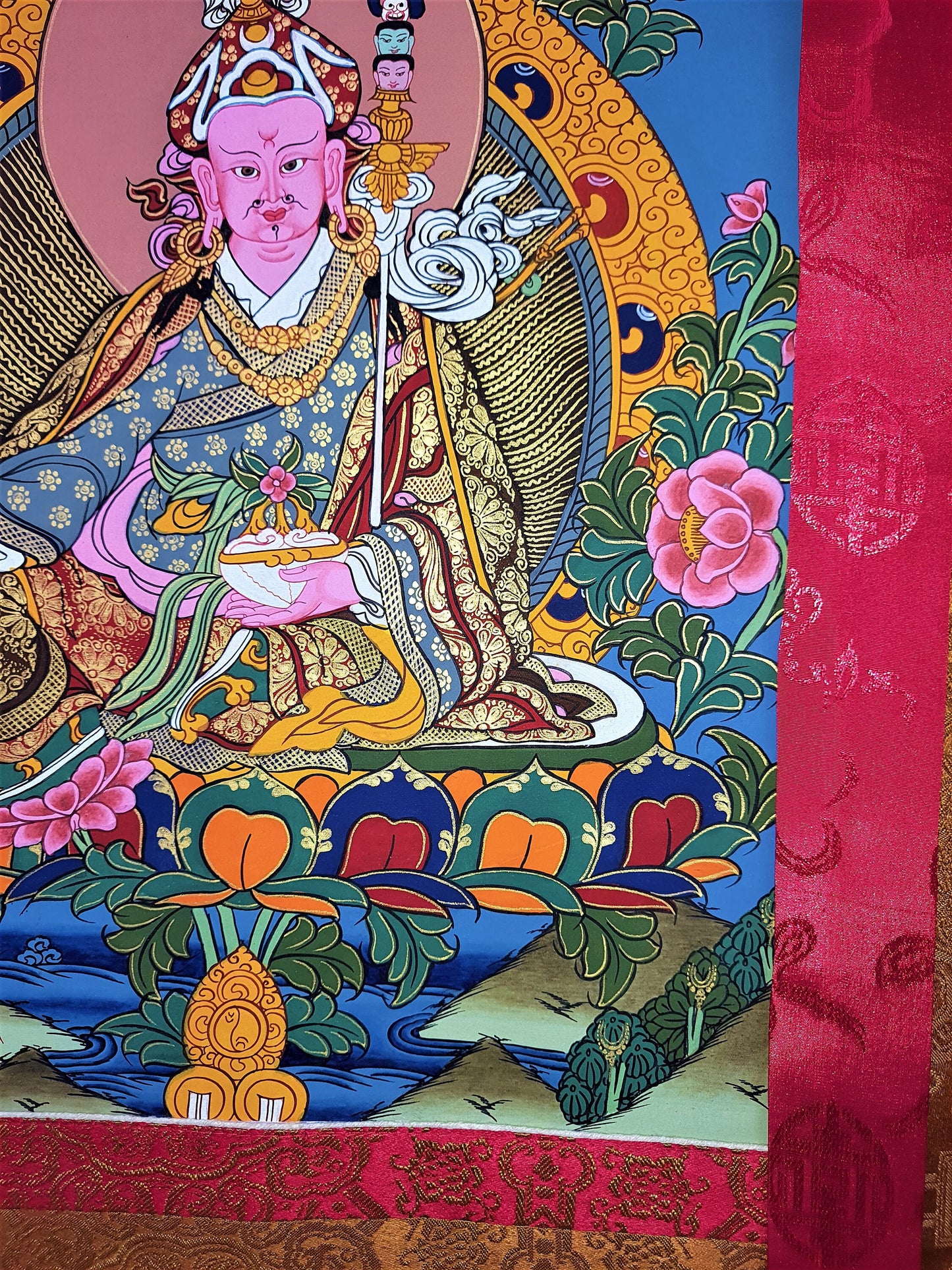 Guru Rinpoche Thangka Painting, Gold Tibetan Art with Silk Frame