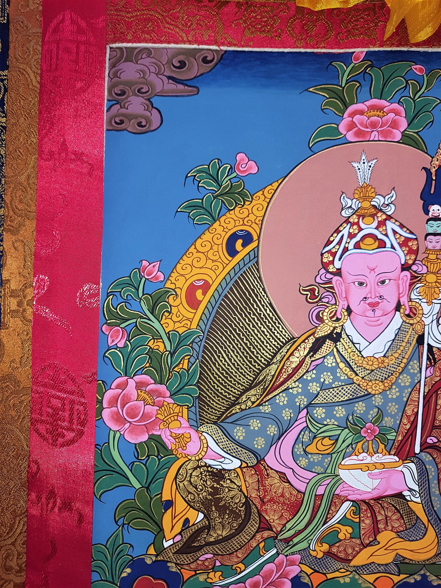 Guru Rinpoche Thangka Painting, Gold Tibetan Art with Silk Frame