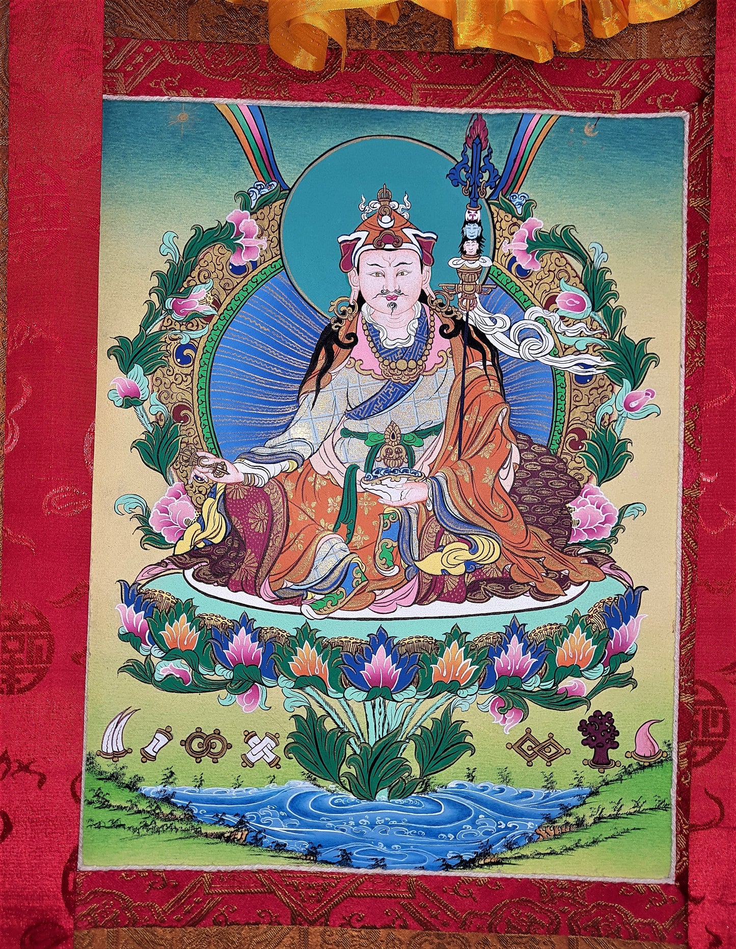 Guru Rinpoche Thangka Painting, 24k Gold, Tibetan Silk Brocade