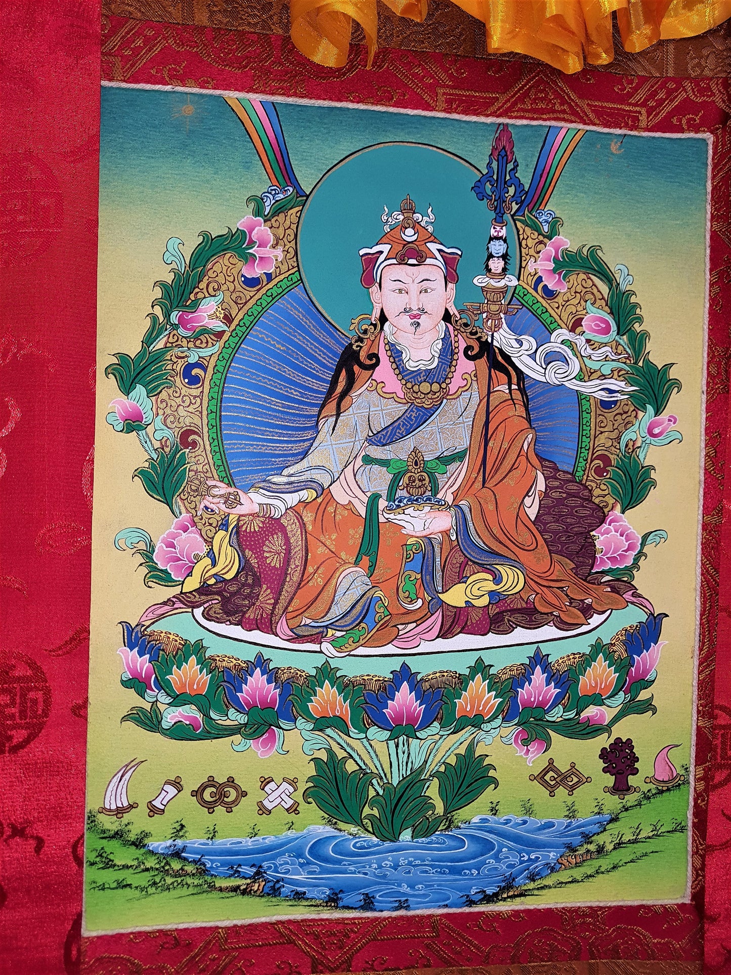 Guru Rinpoche Thangka Painting, 24k Gold, Tibetan Silk Brocade