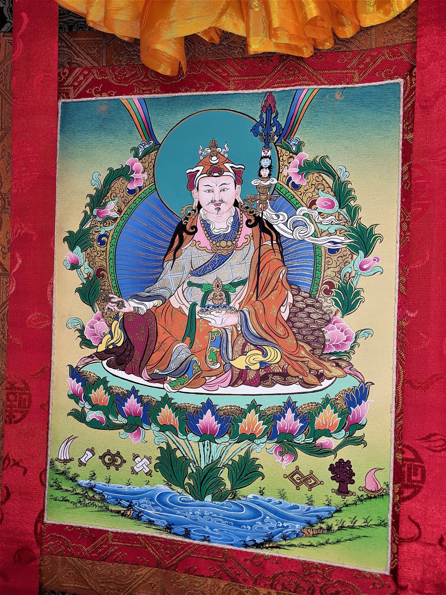 Guru Rinpoche Thangka Painting, 24k Gold, Tibetan Silk Brocade