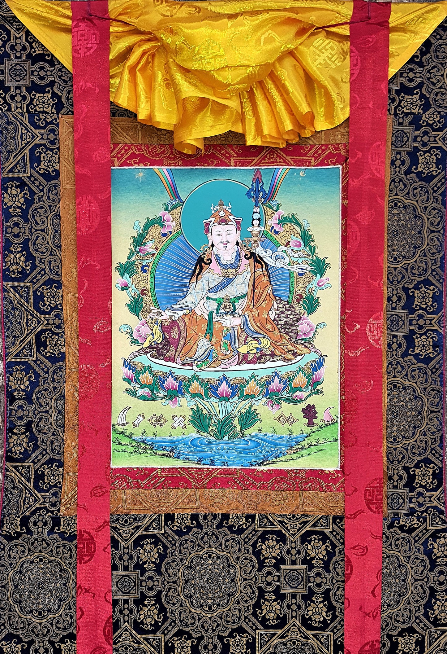 Guru Rinpoche Thangka Painting, 24k Gold, Tibetan Silk Brocade
