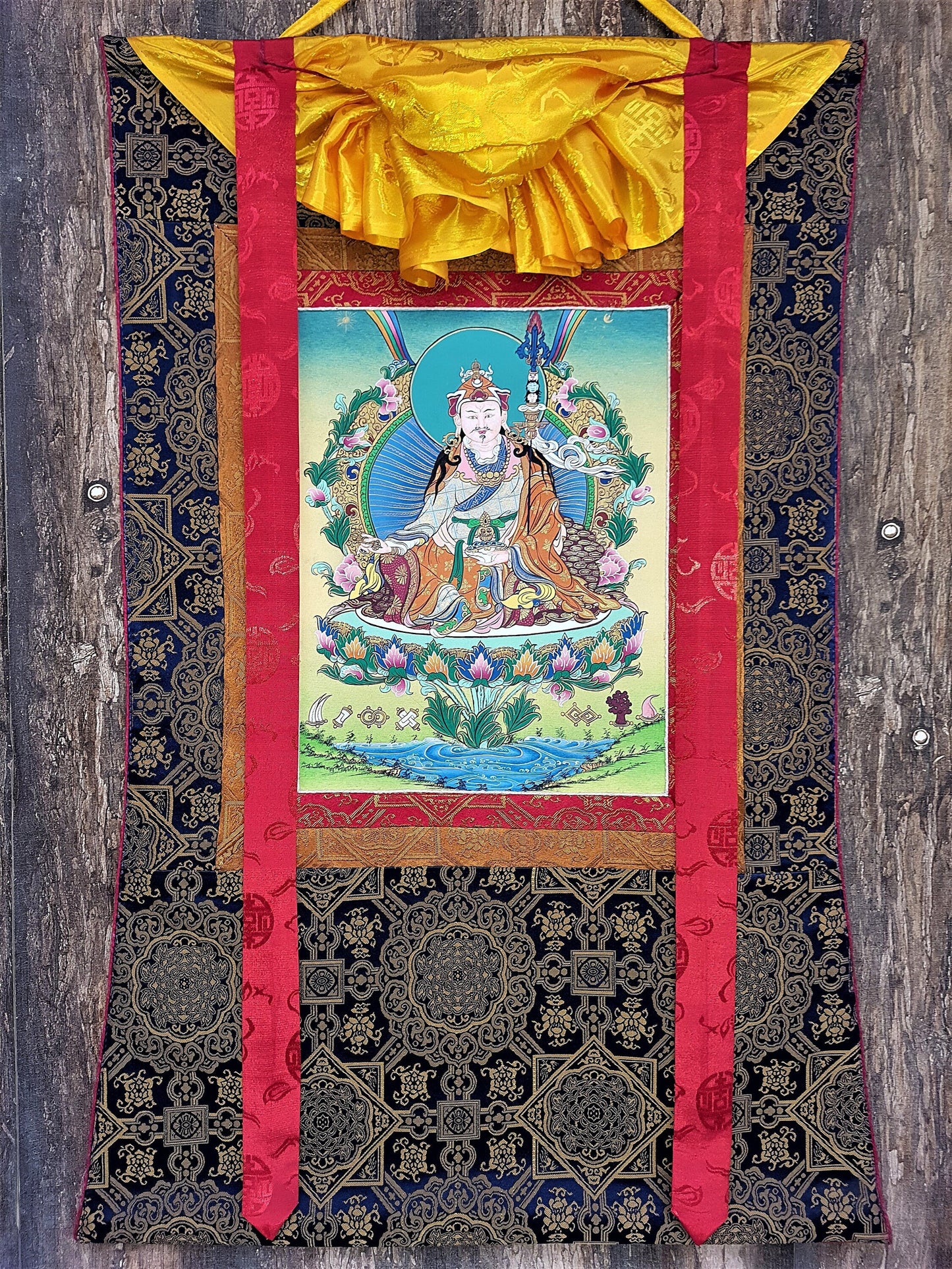 Guru Rinpoche Thangka Painting, 24k Gold, Tibetan Silk Brocade