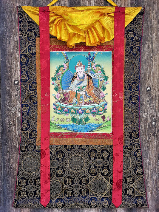 Guru Rinpoche Thangka Painting, 24k Gold, Tibetan Silk Brocade