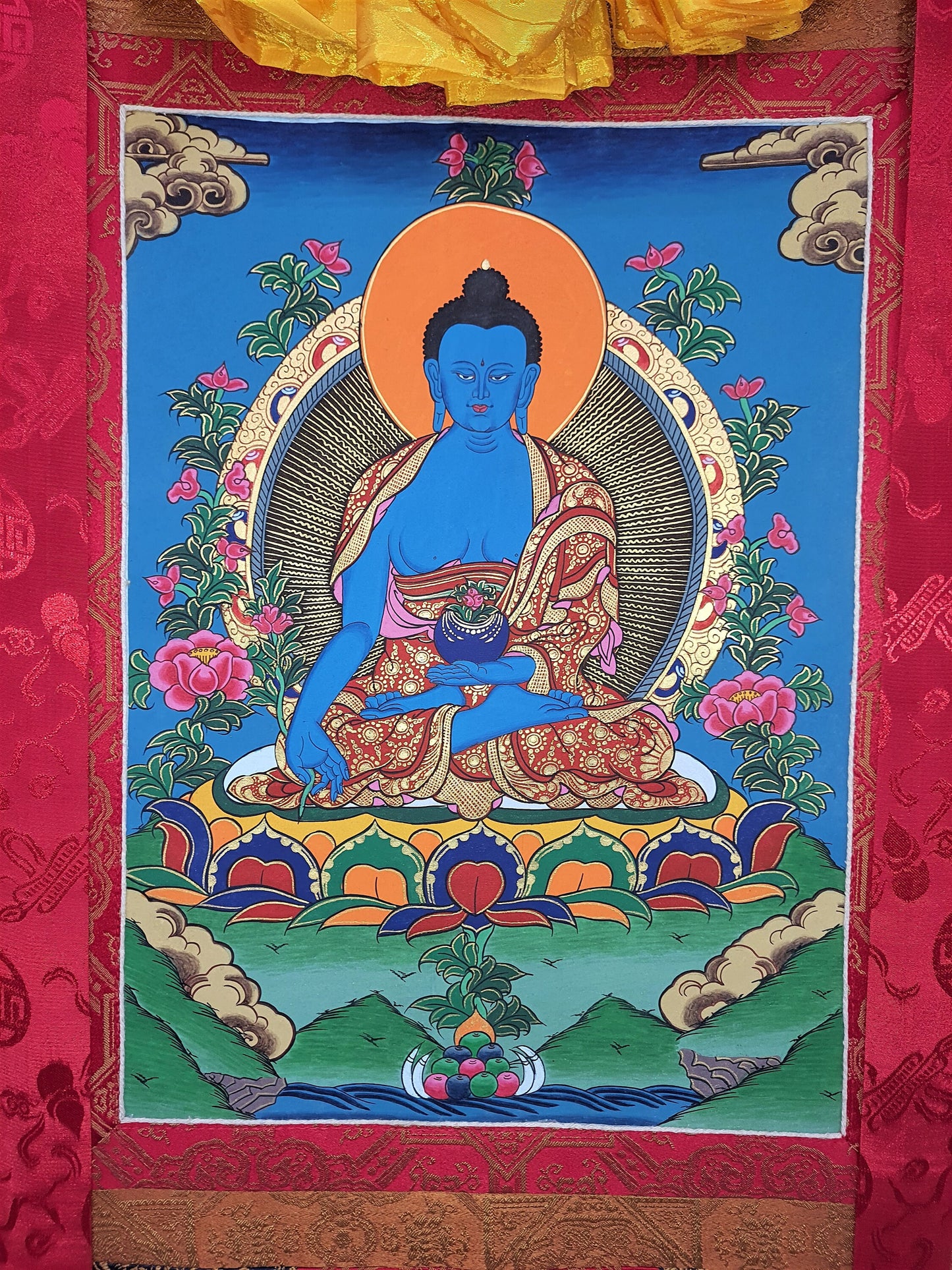 Hand-Painted Medicine Buddha Thangka Painting with Silk Border
