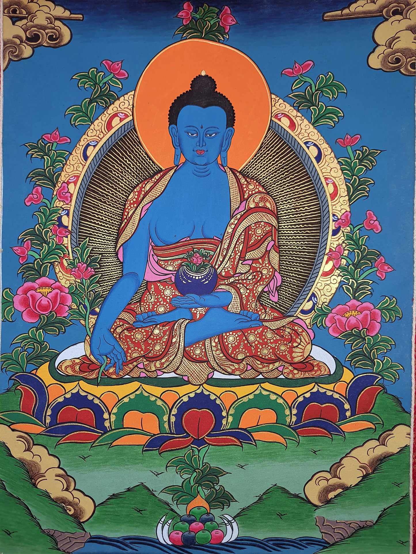Hand-Painted Medicine Buddha Thangka Painting with Silk Border