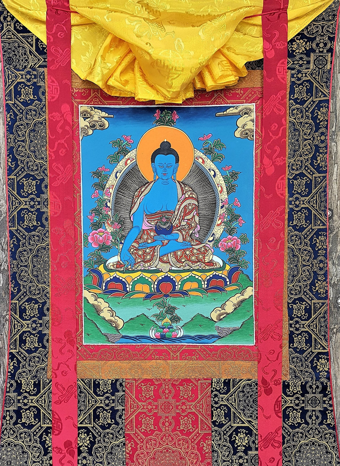 Hand-Painted Medicine Buddha Thangka Painting with Silk Border
