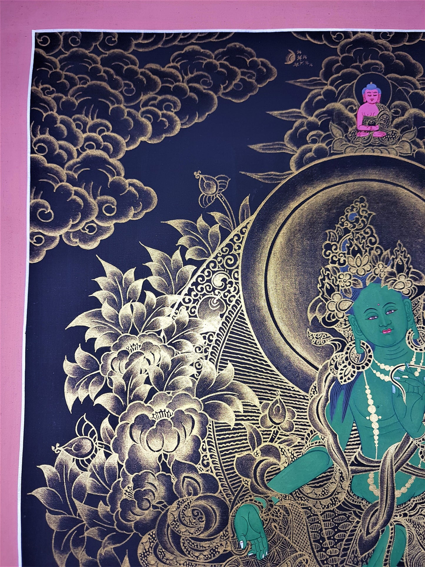Green Tara Thangka Painting, 24K Gold, Buddhist Wall Hanging