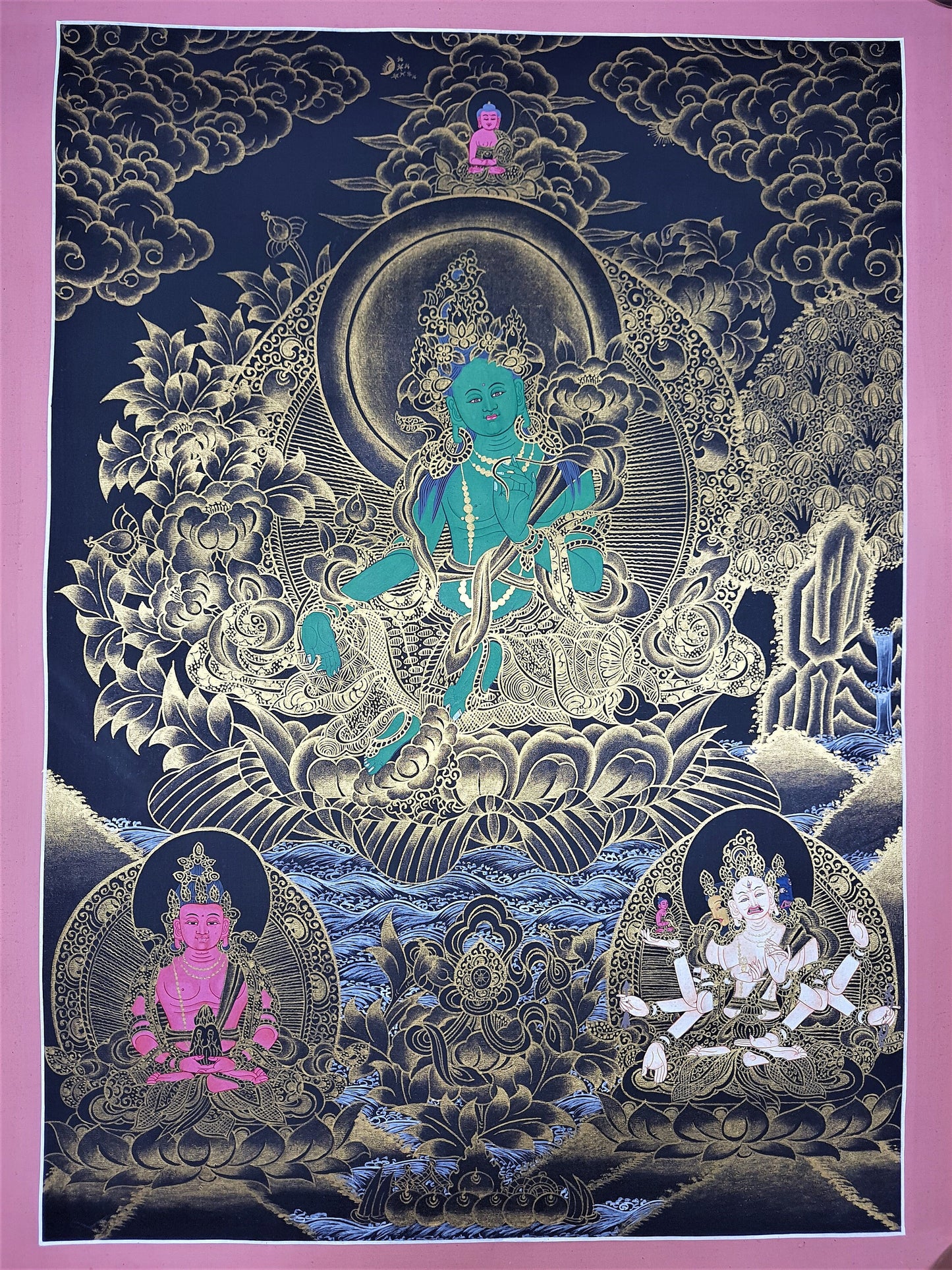 Green Tara Thangka Painting, 24K Gold, Buddhist Wall Hanging