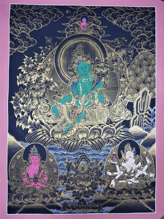 Green Tara Thangka Painting, 24K Gold, Buddhist Wall Hanging