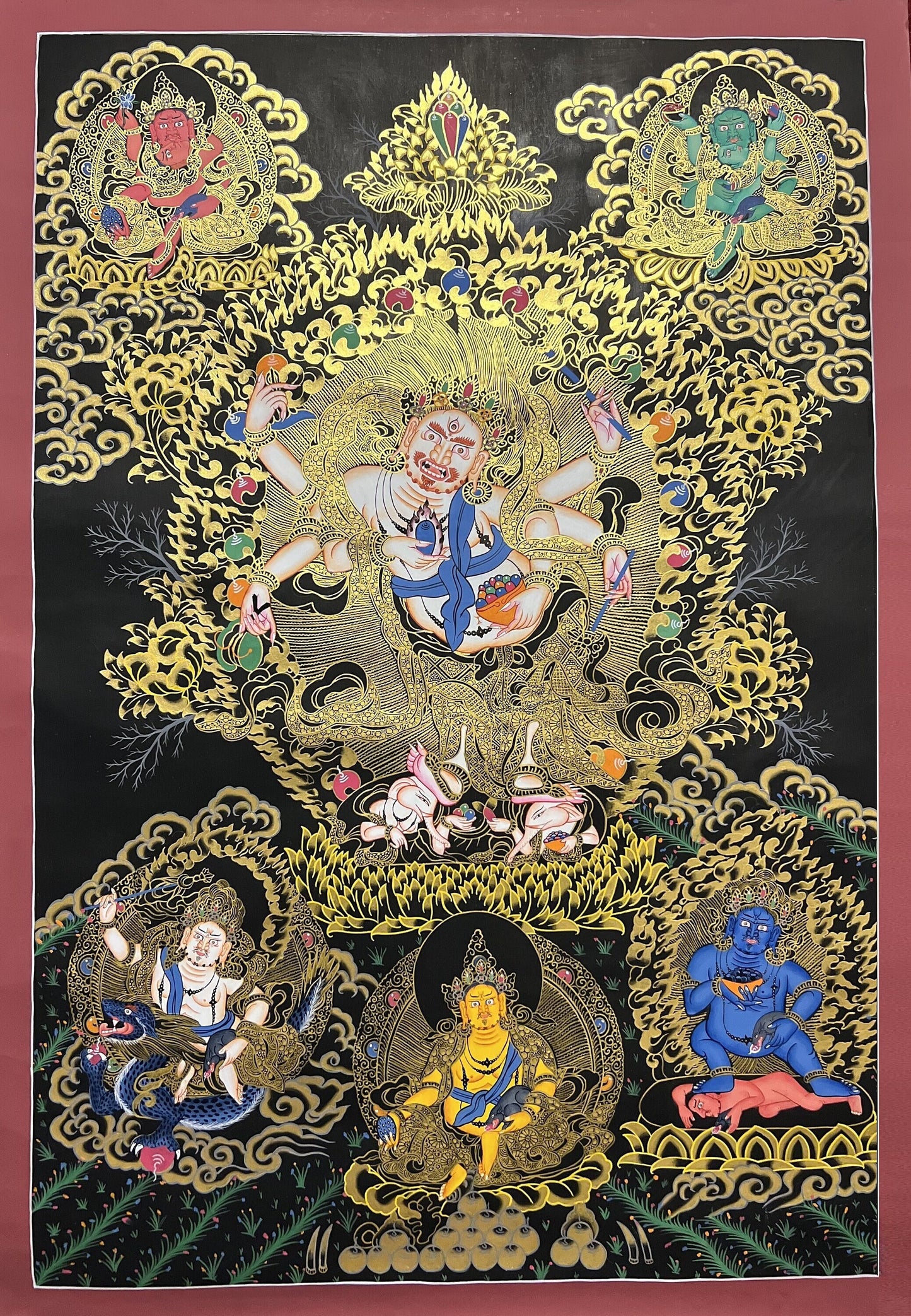 White Mahakala Thangka | Hand-Painted Six-Armed Wealth Protector Tibetan Art (Large Size)