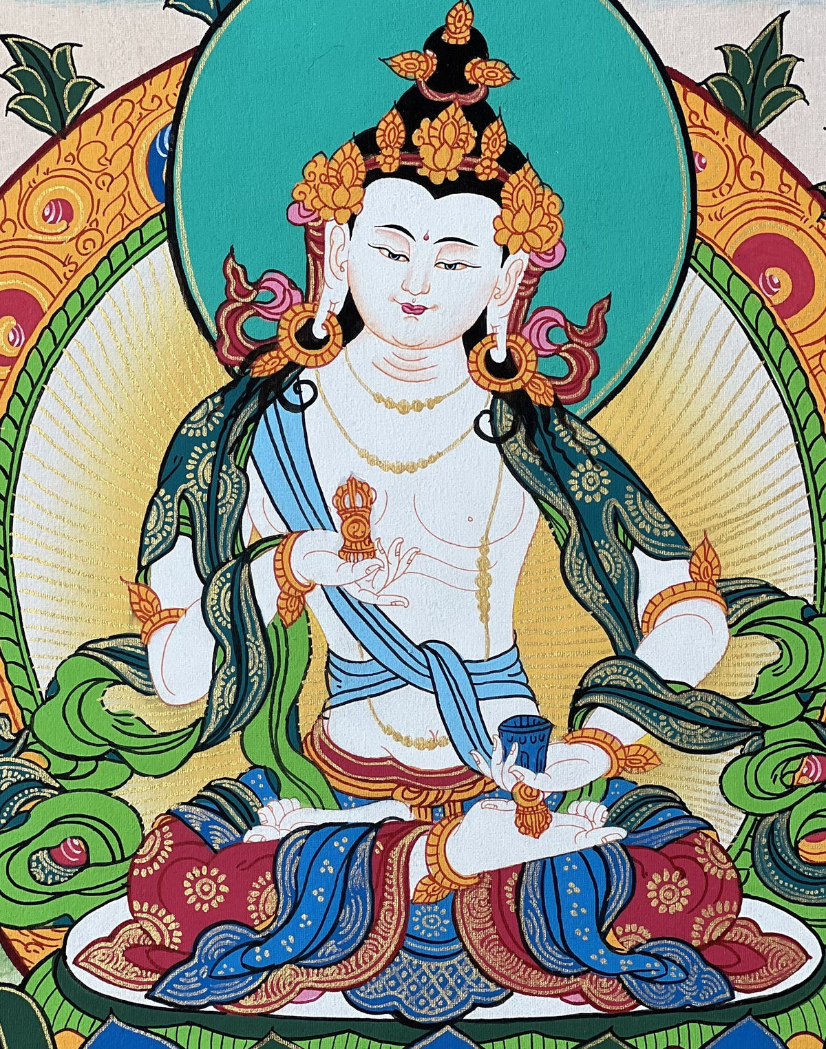 Vajrasattva Thangka Painting, Tibetan Buddhist Art, Gold Detail