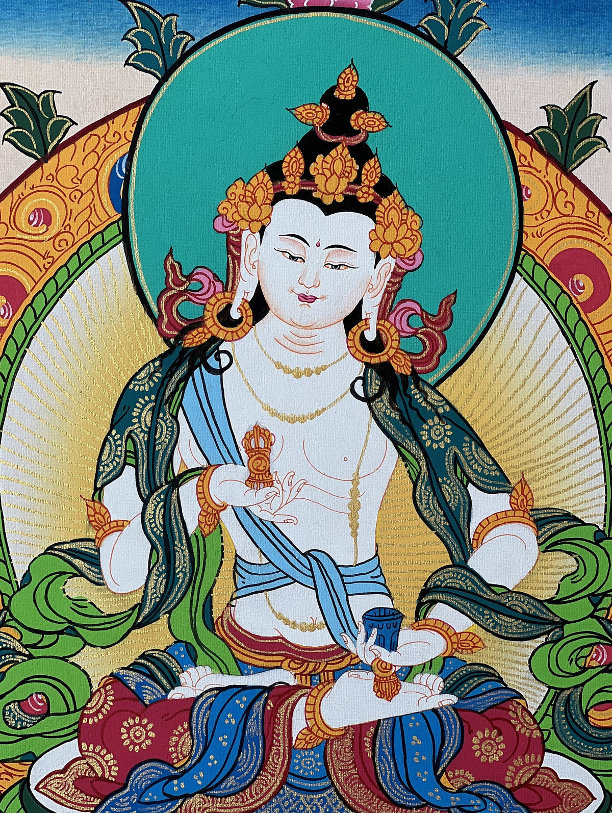 Vajrasattva Thangka Painting, Tibetan Buddhist Art, Gold Detail