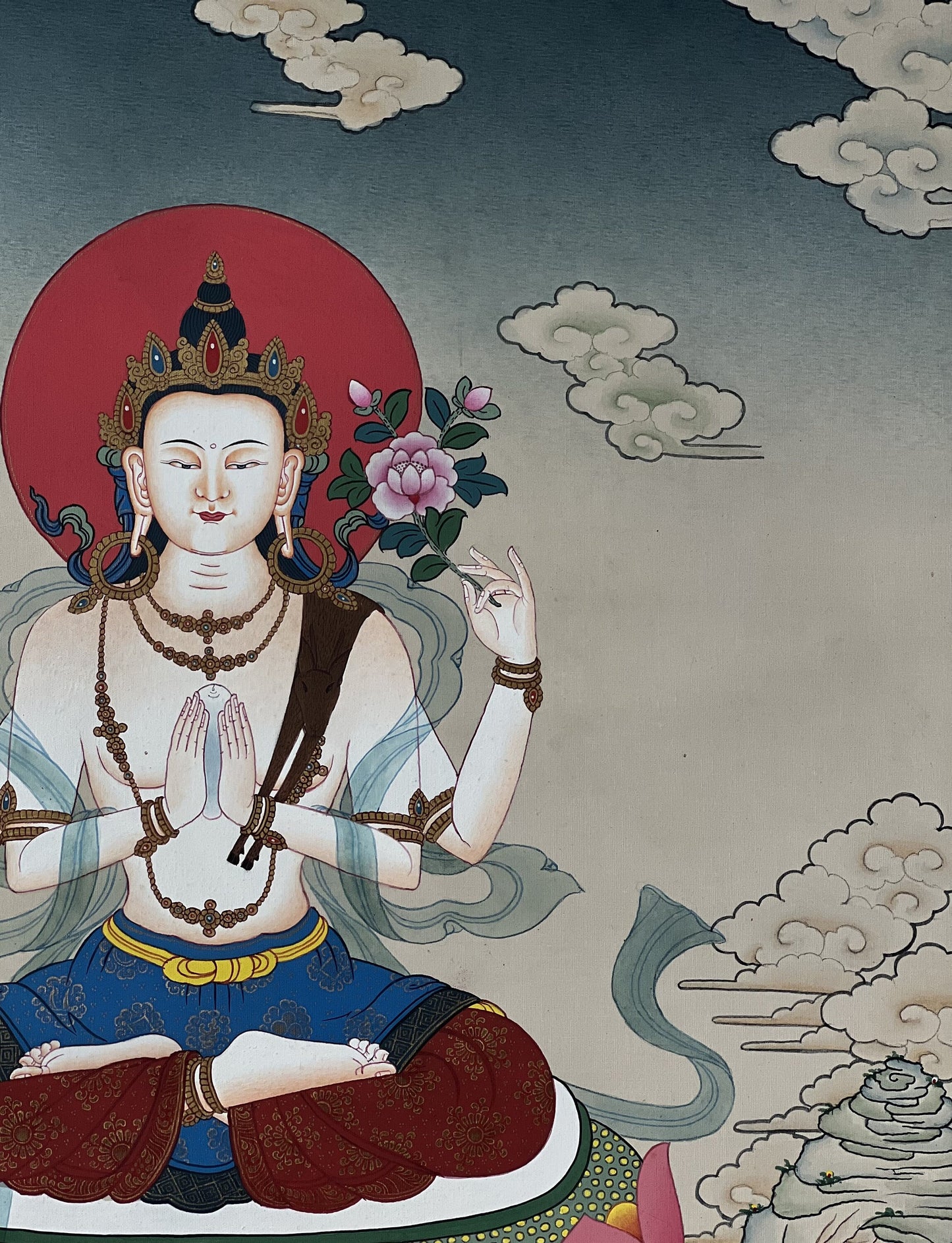 Chenrezig Four Armed Thangka Karma Gadri Style Hand Painted Tibetan Buddhist Art