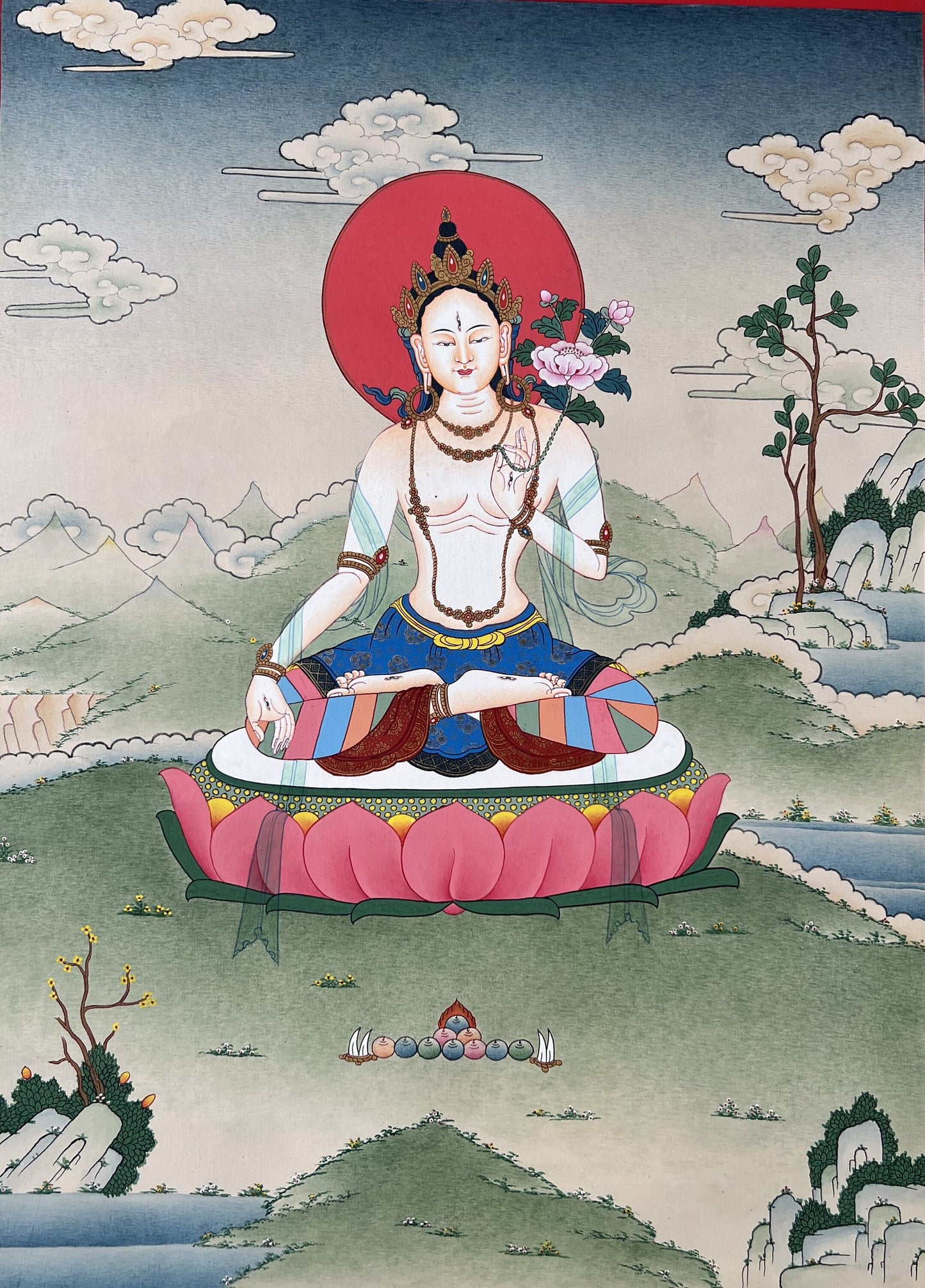White Tara Thangka Painting, Hand-Painted Karma Kadri Style Art
