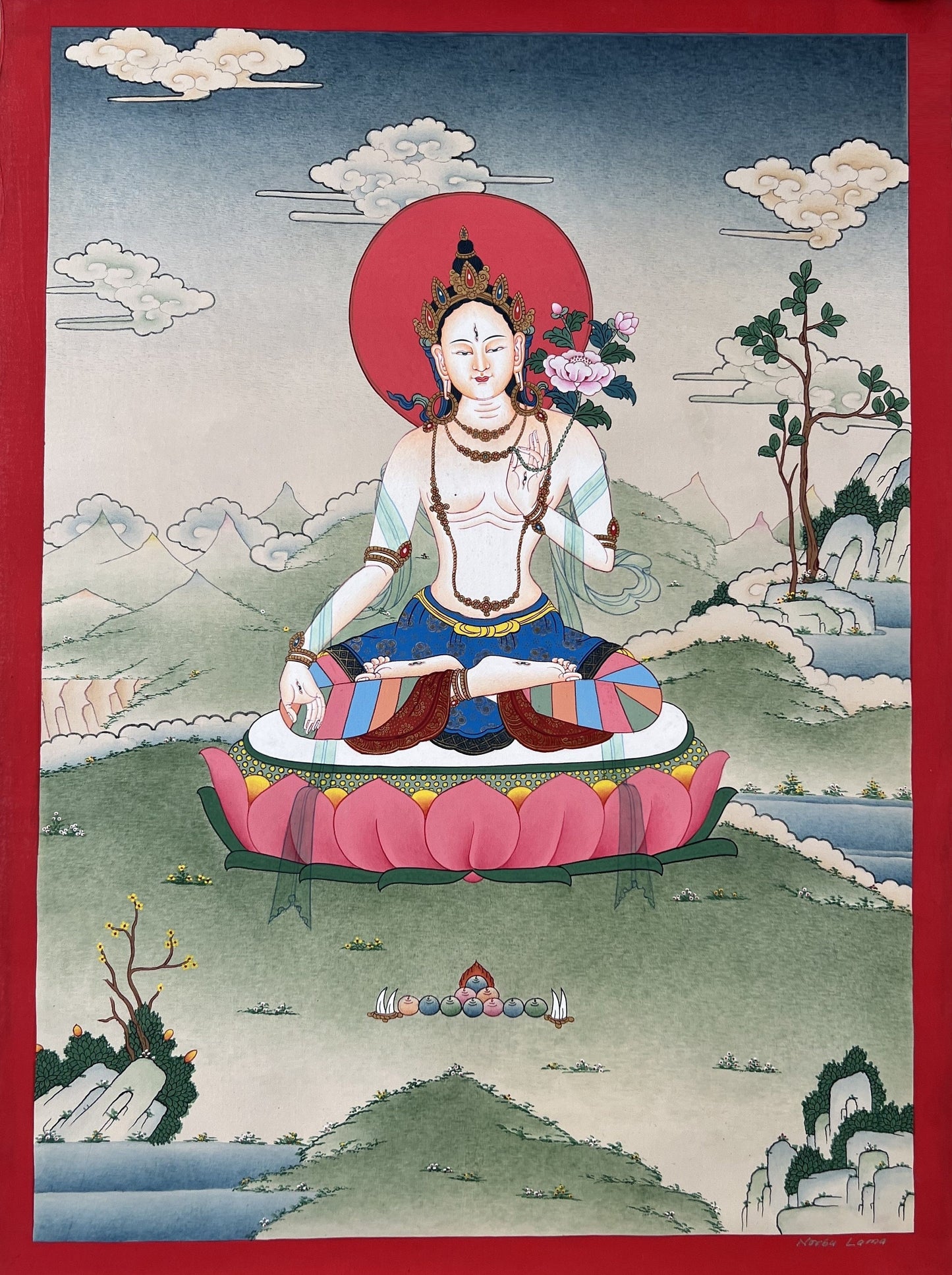 White Tara Thangka Painting, Hand-Painted Karma Kadri Style Art