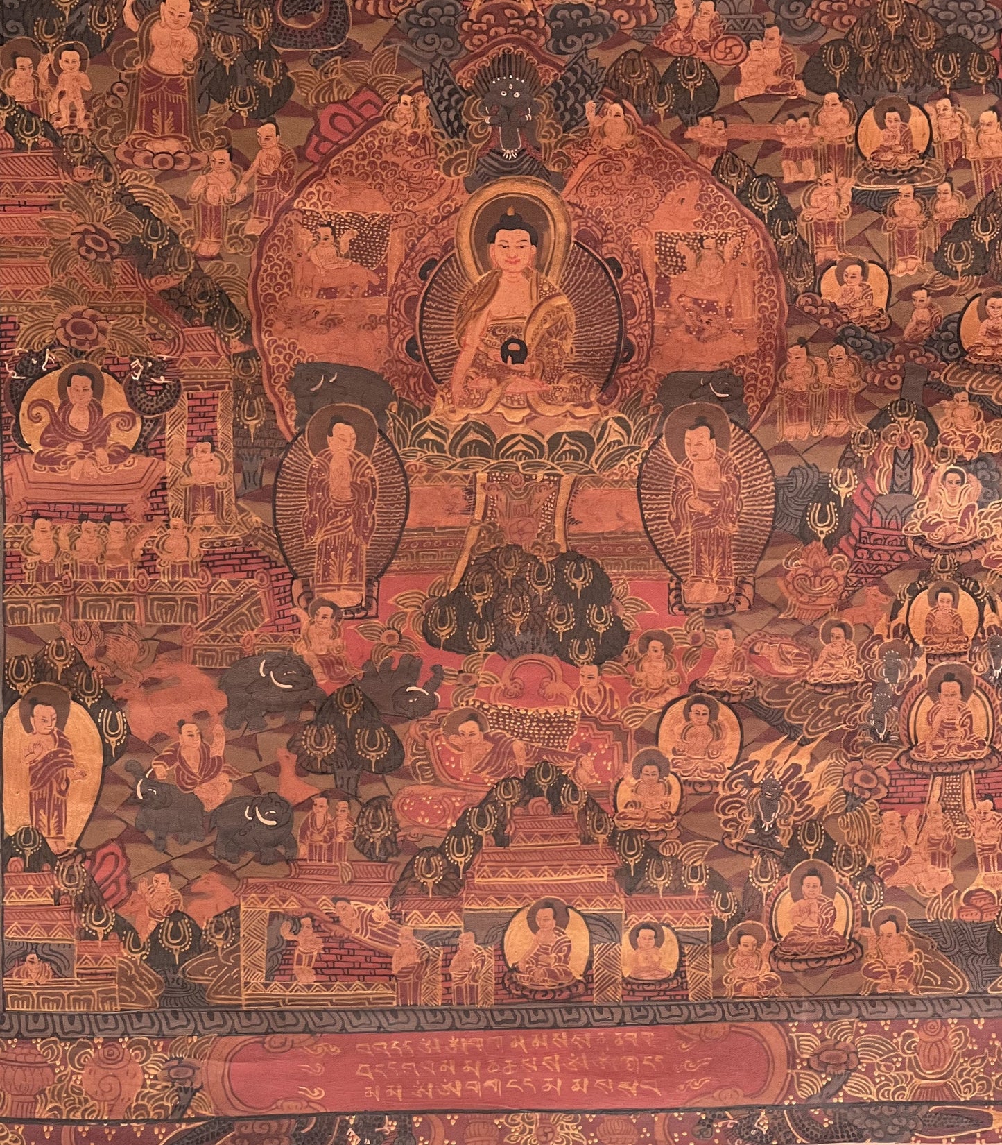 Hand-Painted Buddha Life Mandala Thangka Painting with Silk Border