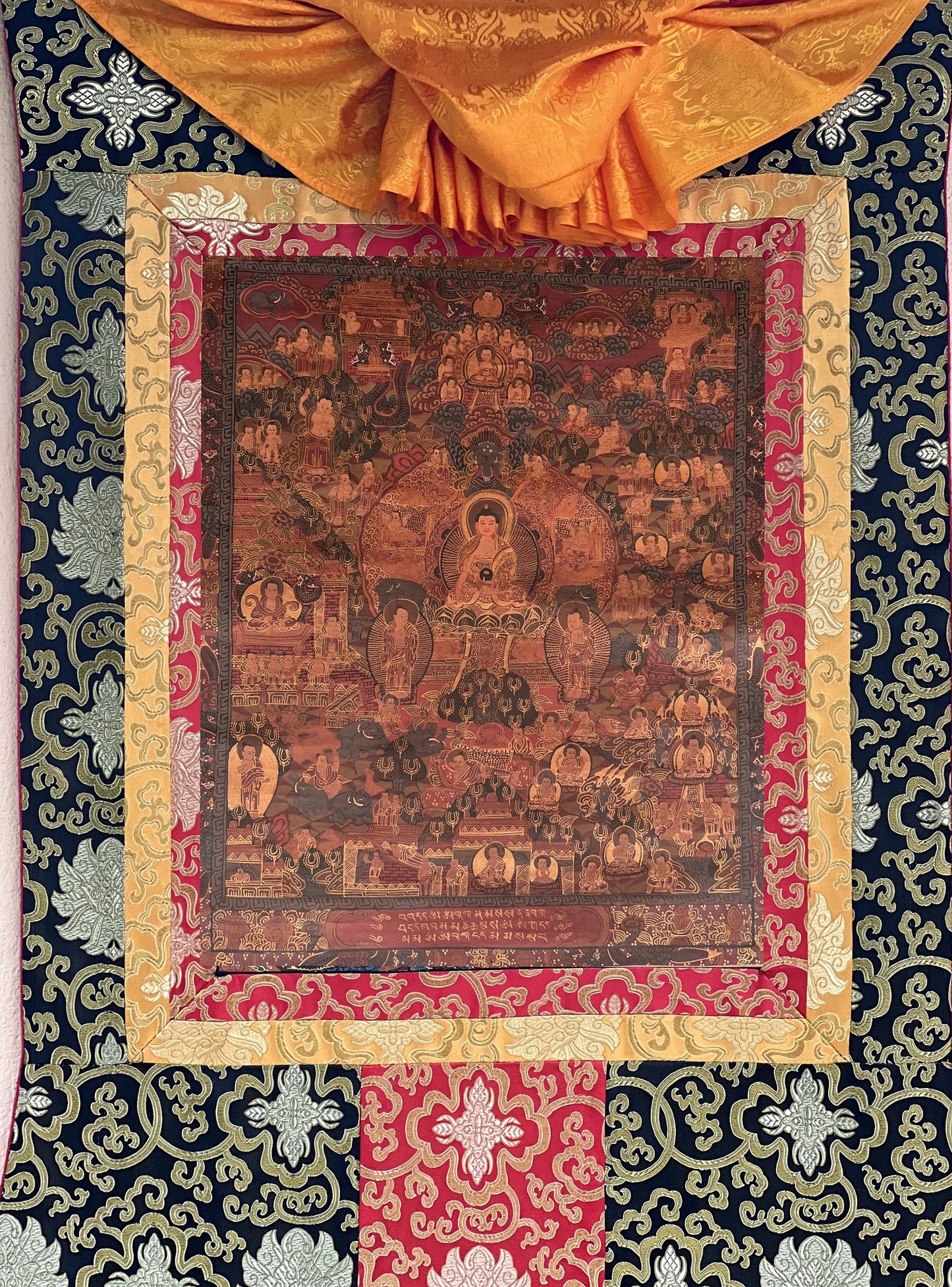Hand-Painted Buddha Life Mandala Thangka Painting with Silk Border