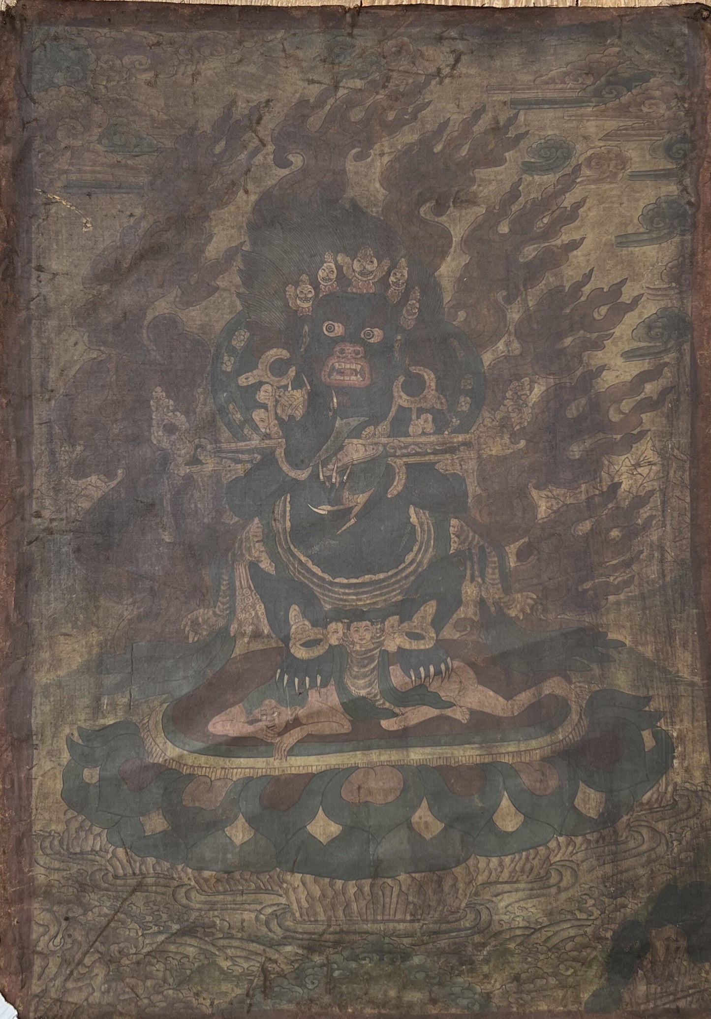Black Mahakala/Mahankala/ Dharmapala Wrathful Diety Tibetan Thangka Painting- Vintage from 19th. Century