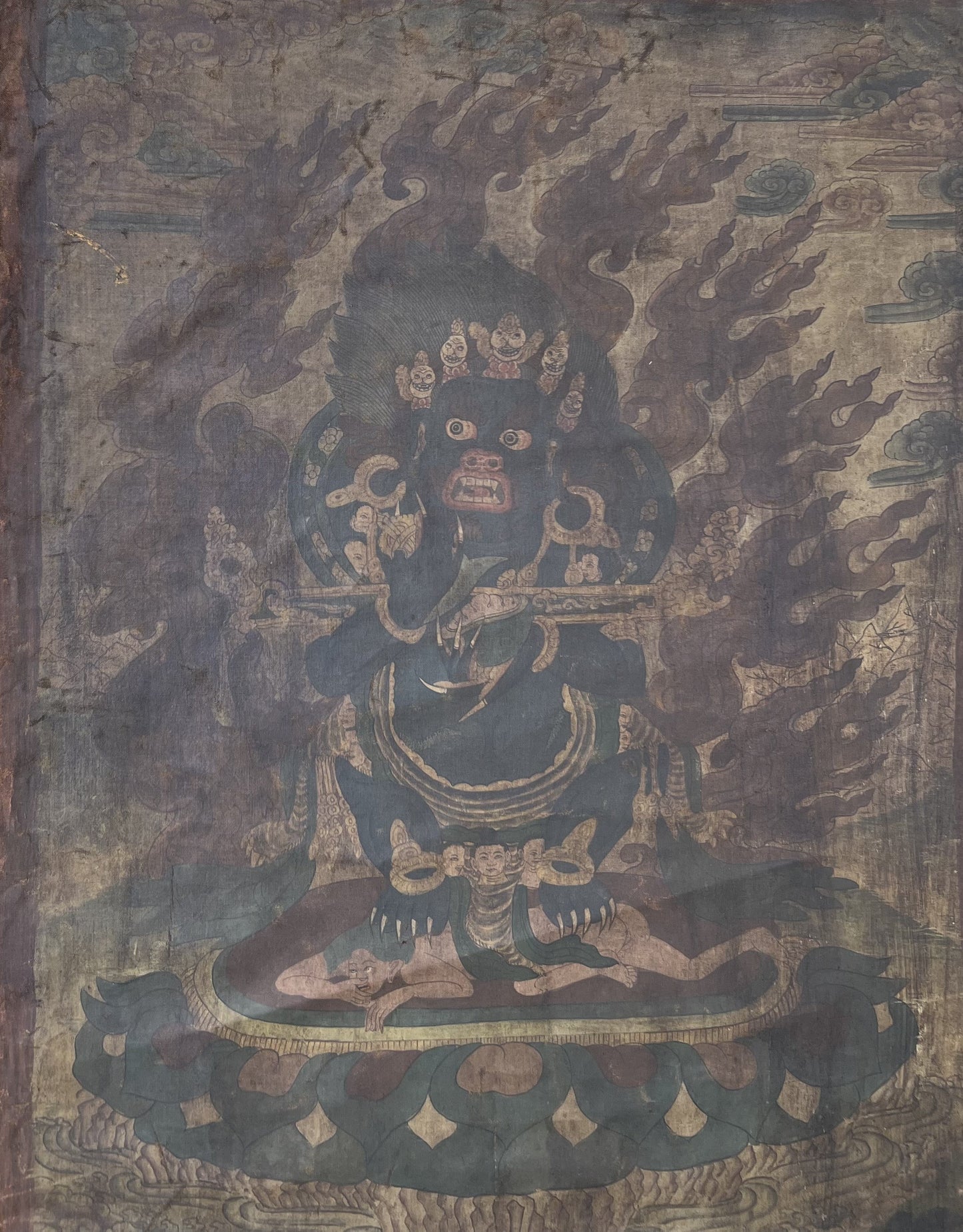Black Mahakala/Mahankala/ Dharmapala Wrathful Diety Tibetan Thangka Painting- Vintage from 19th. Century