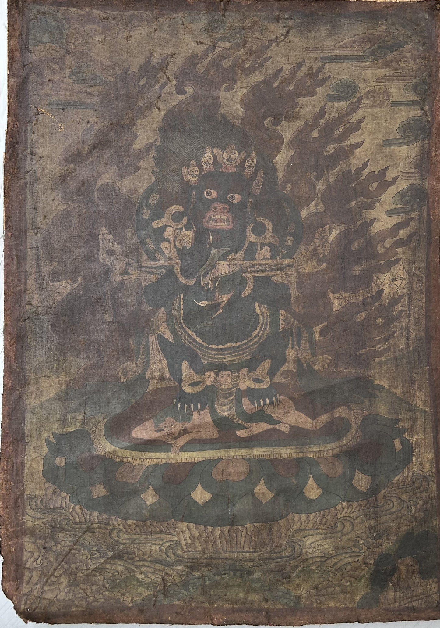 Black Mahakala/Mahankala/ Dharmapala Wrathful Diety Tibetan Thangka Painting- Vintage from 19th. Century
