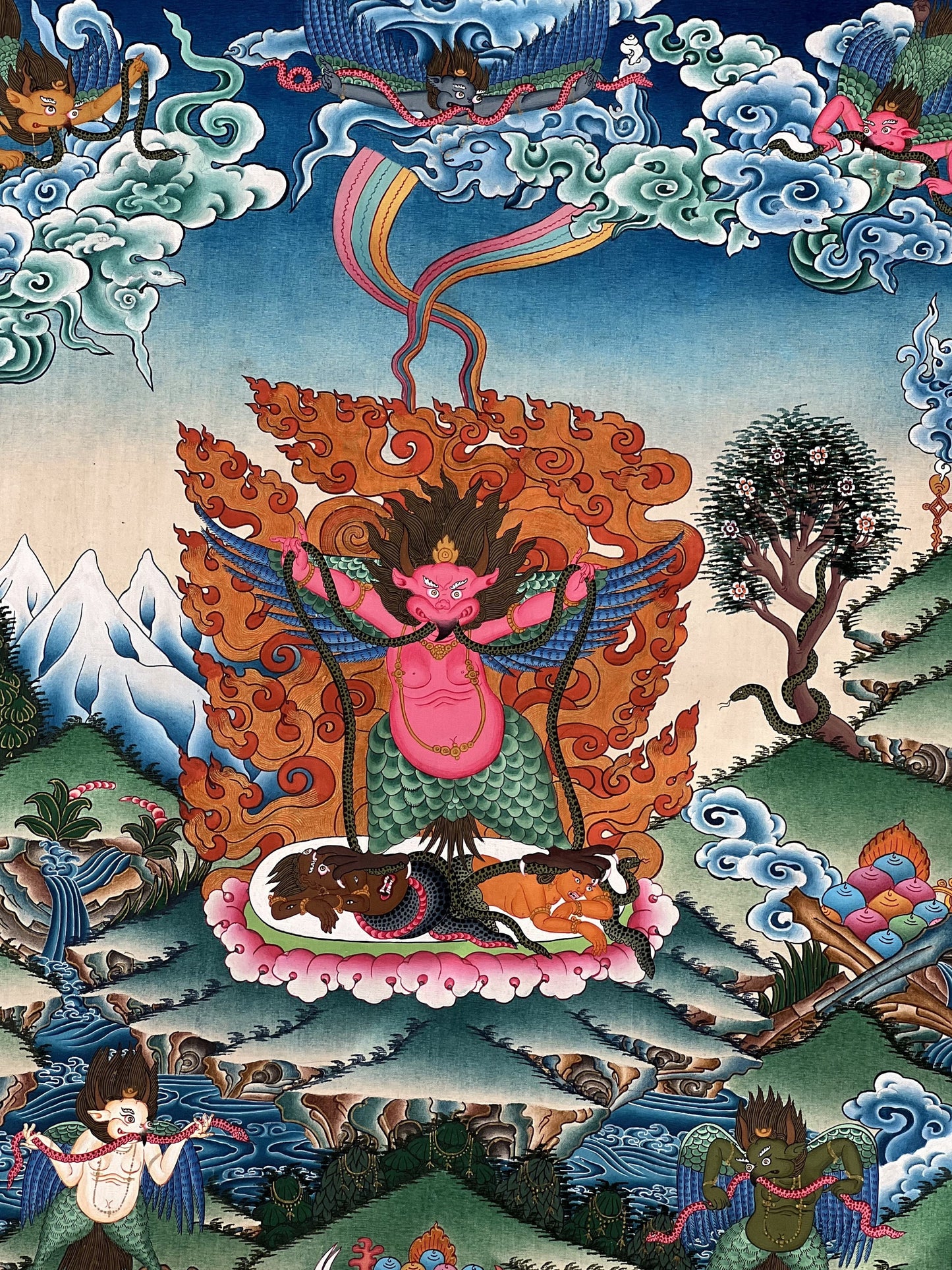 Hand-Painted Garuda Thangka Painting |  Celestial Deva Man Art | Original Hindu Wall Decor