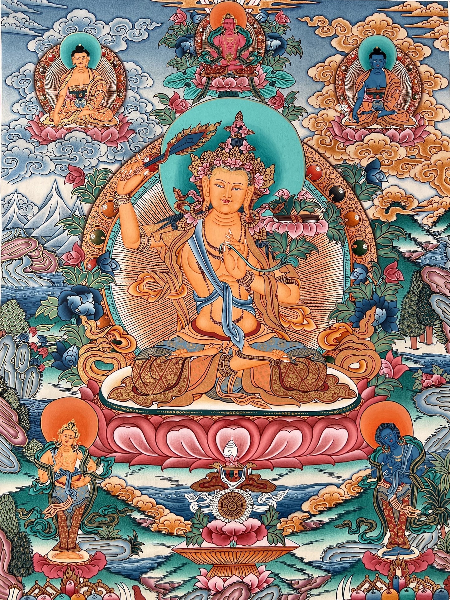 Original Hand-Painted Manjushri / Jampelyang Bodhisattva of Wisdom Tibetan Thangka Painting –Buddhist Art