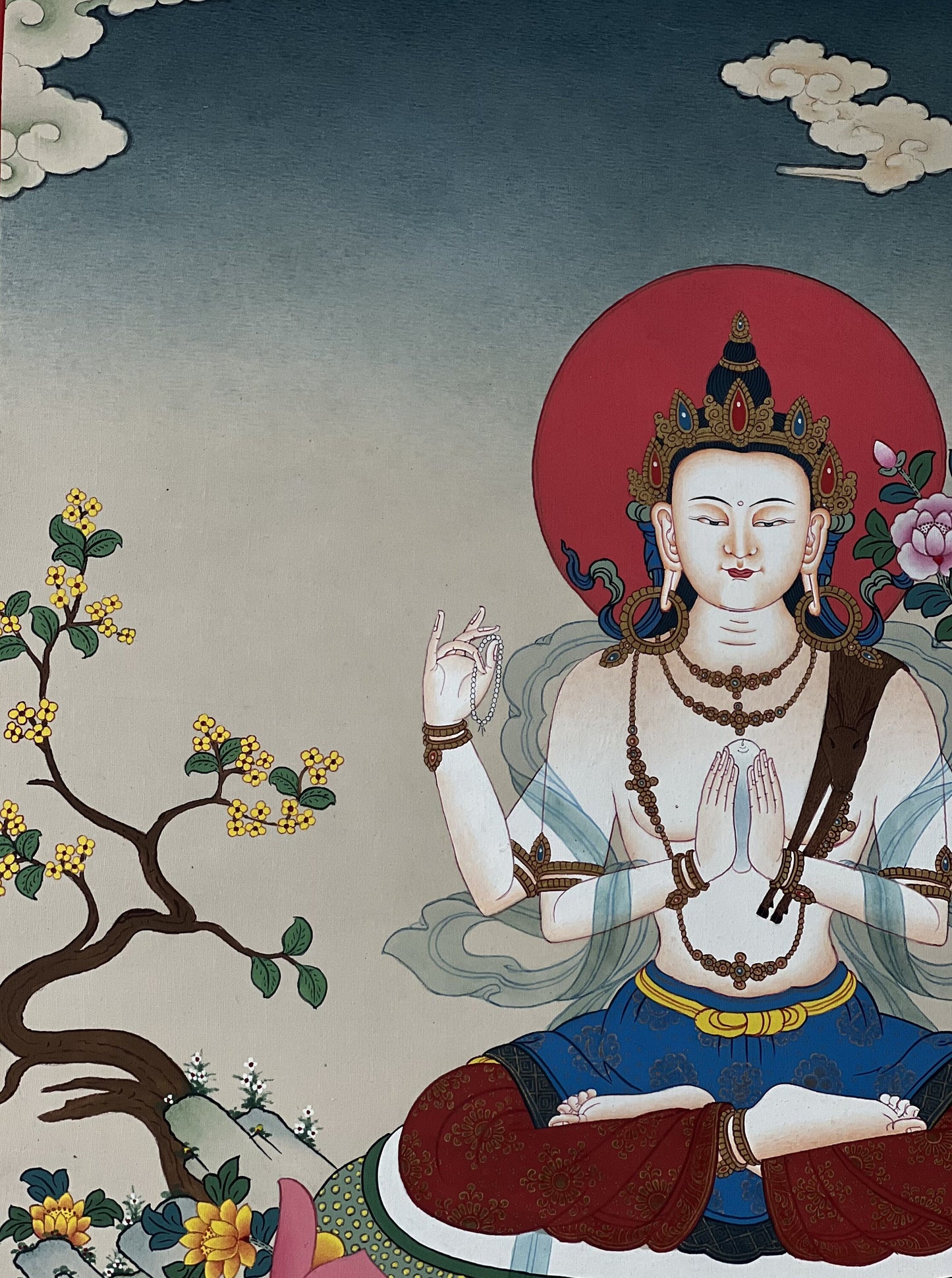 Chenrezig Four Armed Thangka Karma Gadri Style Hand Painted Tibetan Buddhist Art