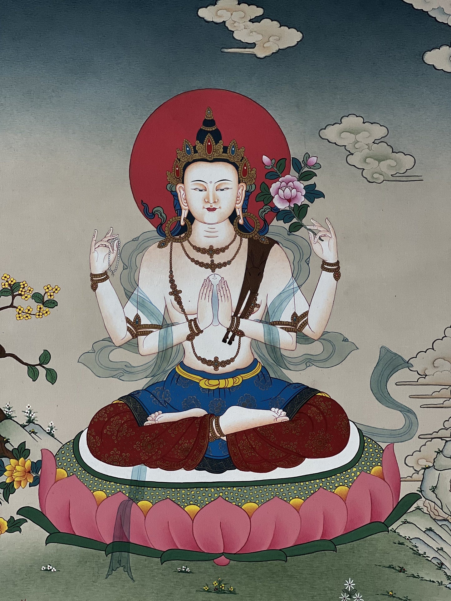 Chenrezig Four Armed Thangka Karma Gadri Style Hand Painted Tibetan Buddhist Art