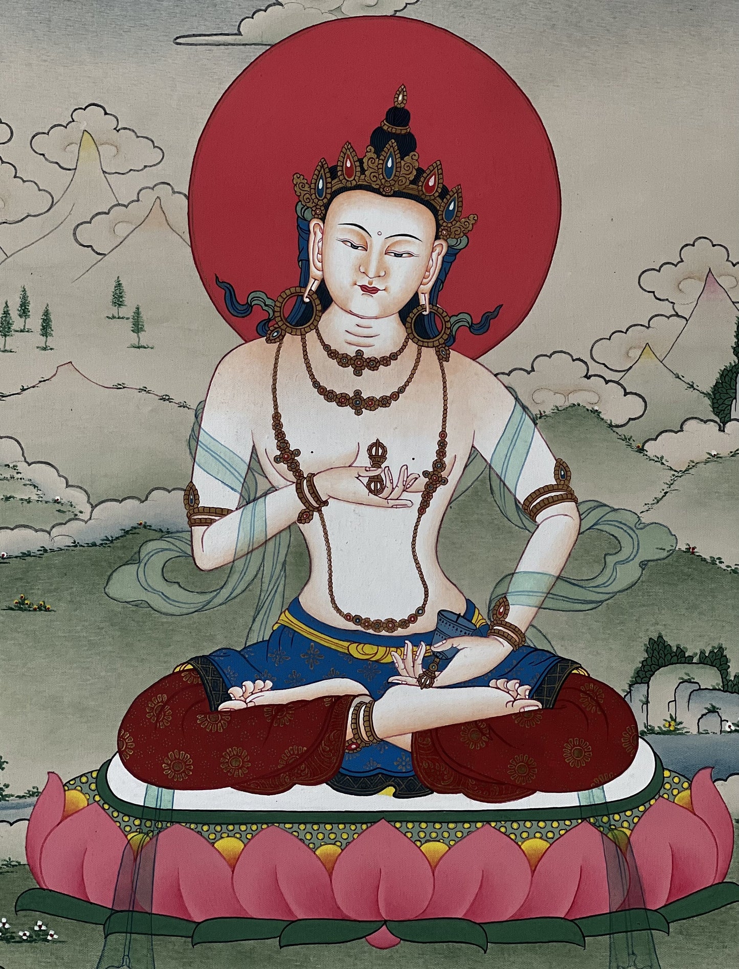 Vajrasattva Thangka – Lama Blessed Karma Gadri Style | Hand-Painted Tibetan Buddhist Art