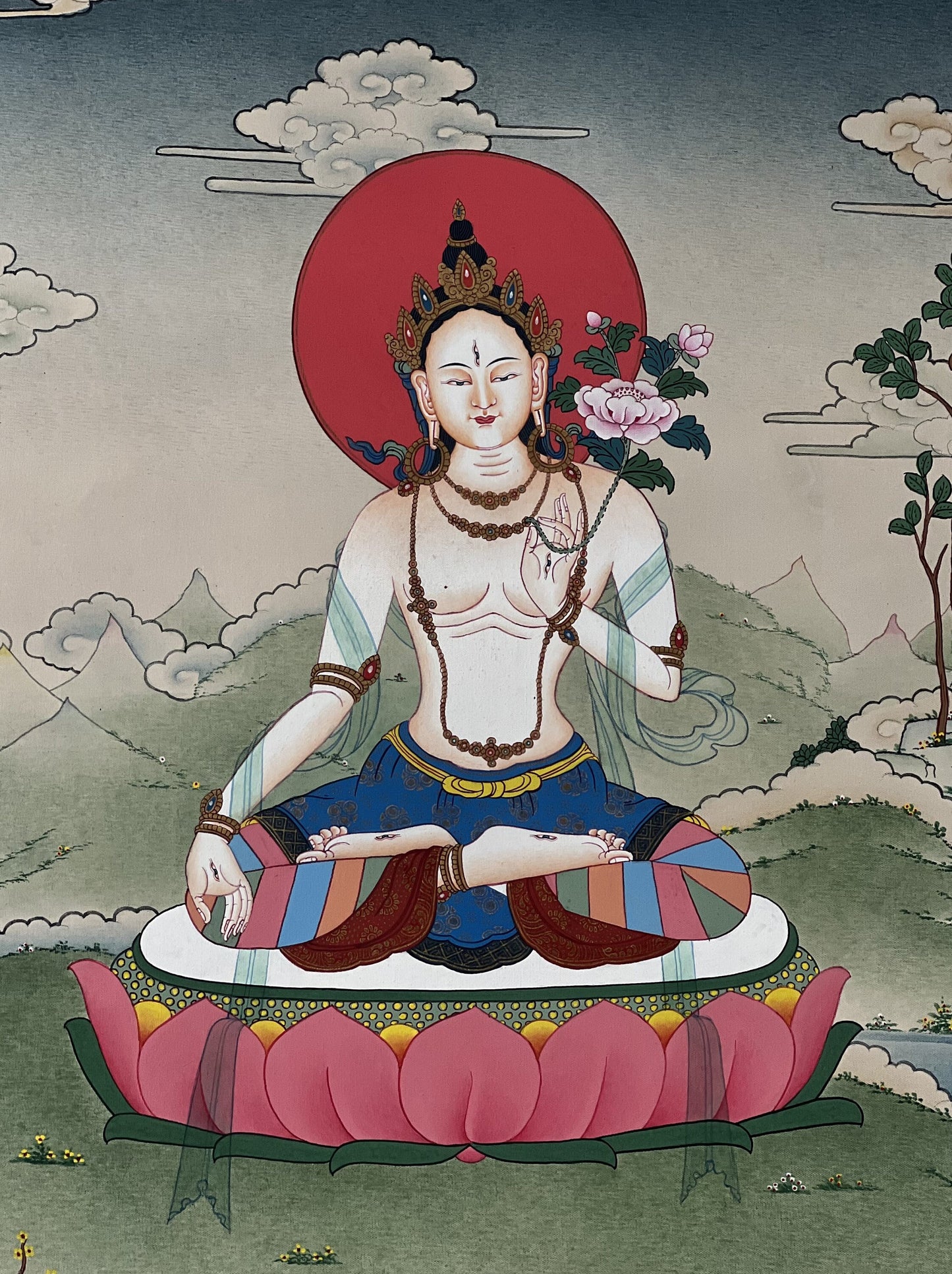 White Tara Thangka Painting, Hand-Painted Karma Kadri Style Art