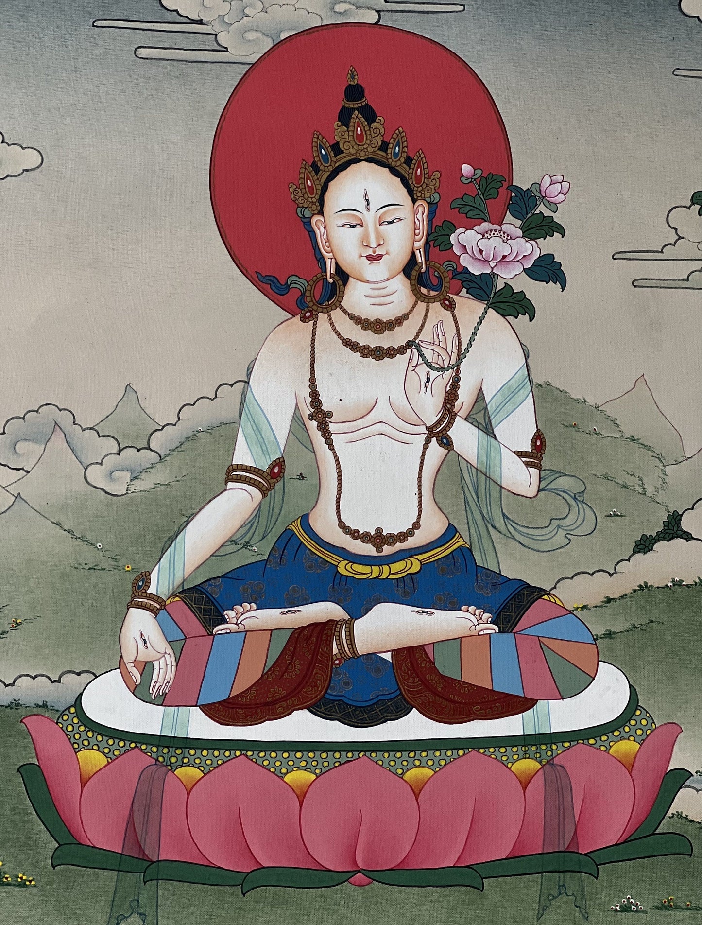 White Tara Thangka Painting, Hand-Painted Karma Kadri Style Art